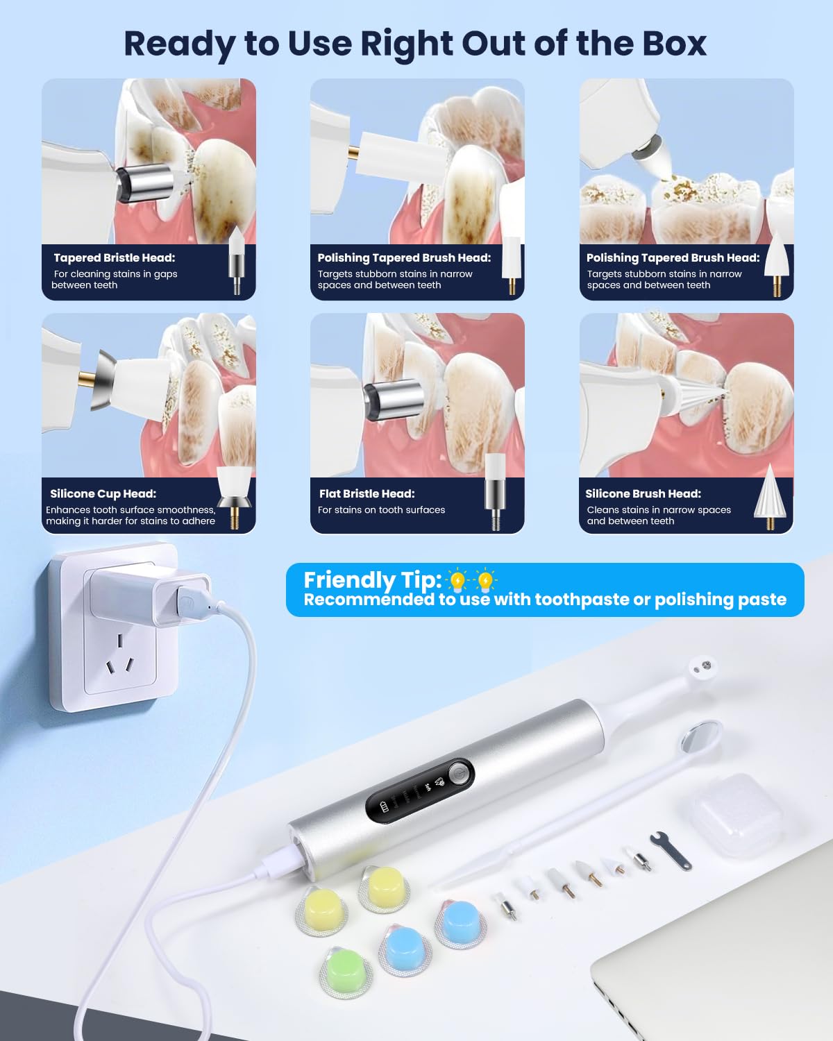 Lucidatore per denti, kit elettrico ricaricabile per la lucidatura dei denti con luce ausiliaria a LED, 6 testine e 5 pasta lucidante, 4 modalità, impermeabile IPX6, strumento di lucidatura