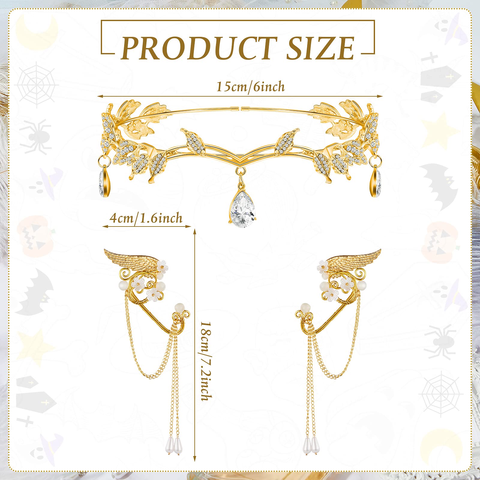 Halloween Rhinestone Leaf Headband Elf Ears Fairy Cosplay Princess Jewelry Amazon.com: Hicarer 3 Pcs Halloween Rhinestone Leaf Headband  main image 3