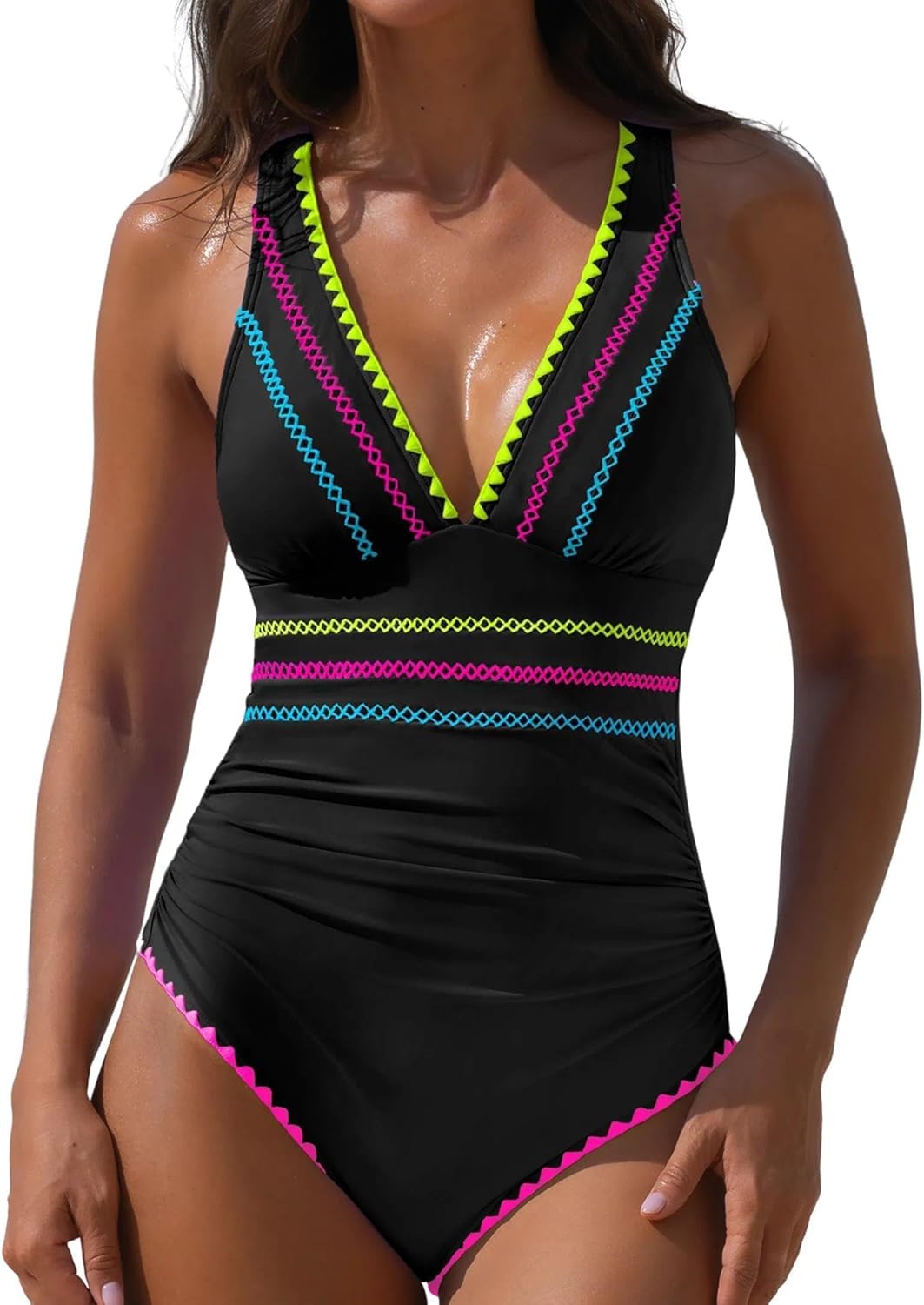 popvil One Piece Swimsuits for Women 2026 Tummy Control Neon Bathing Suit with Adjustable Strap