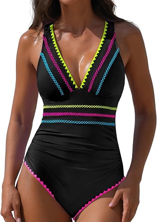 popvil One Piece Swimsuit for Women Deep V Neck Color Block Bathing Suit