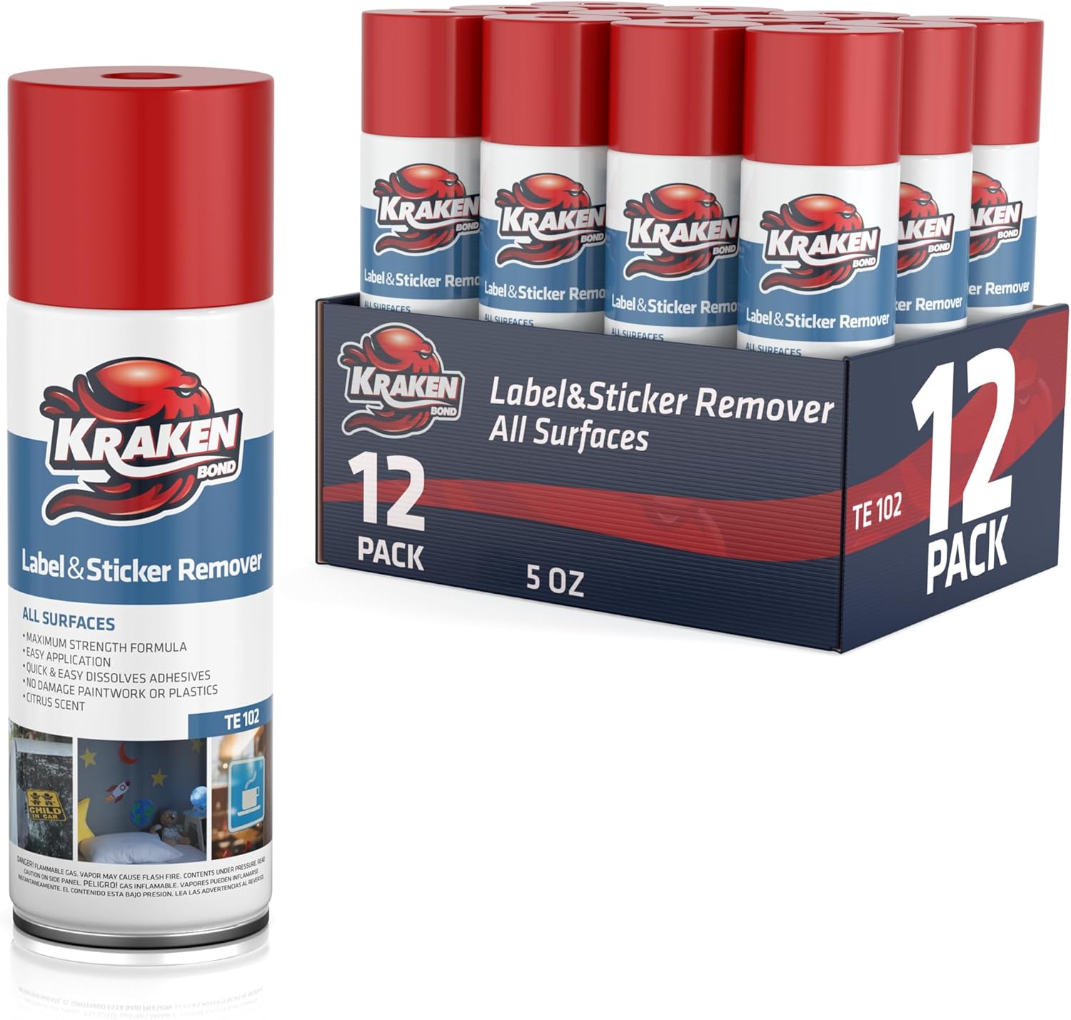 KRAKEN BOND Label & Sticker Remover Spray - (12x5oz) Quick-Dissolve Adhesive Remover Spray with Citrus Scent, Removes Tar, Tape & Bumper Stickers on Multiple Surfaces, No Damage to Paint, 12 Pack