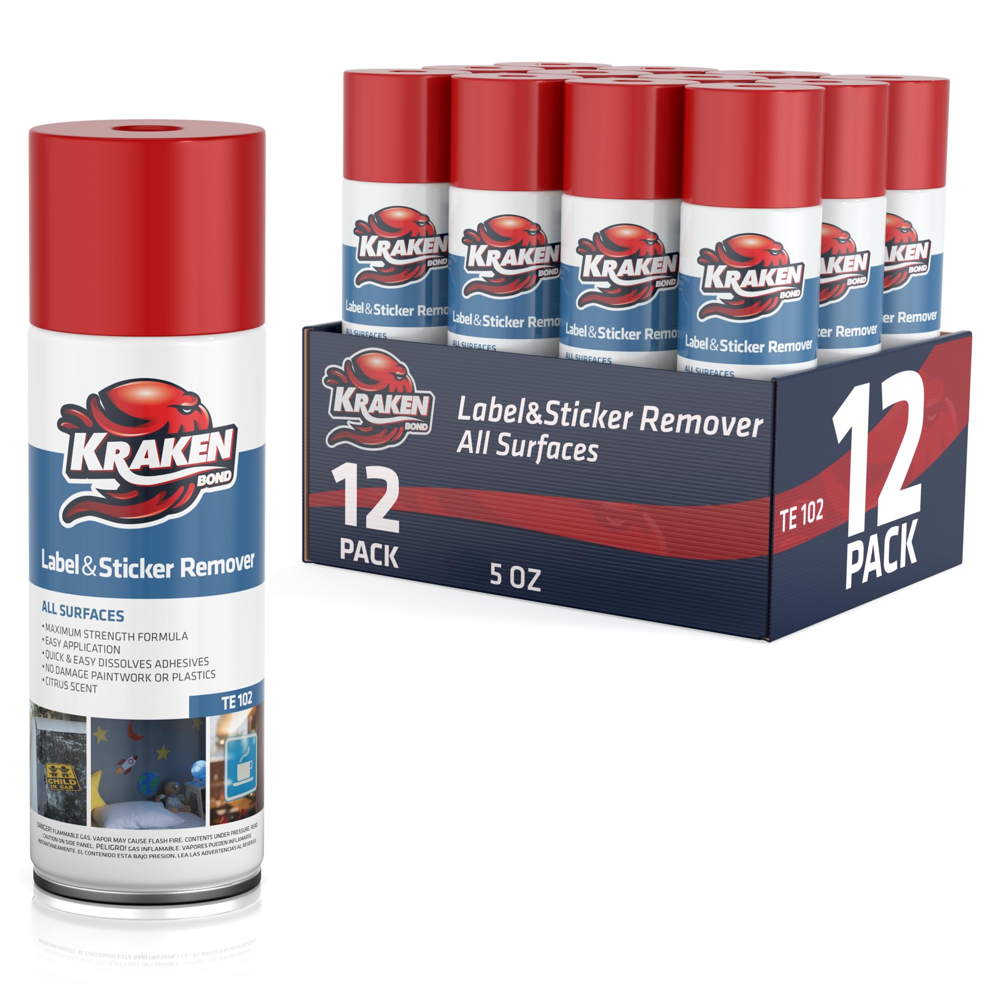 KRAKEN BOND Label &amp; Sticker Remover Spray - (12x5oz) Quick-Dissolve Adhesive Remover Spray with Citrus Scent, Removes Tar, Tape &amp; Bumper Stickers on Multiple Surfaces, No Damage to Paint, 12 Pack