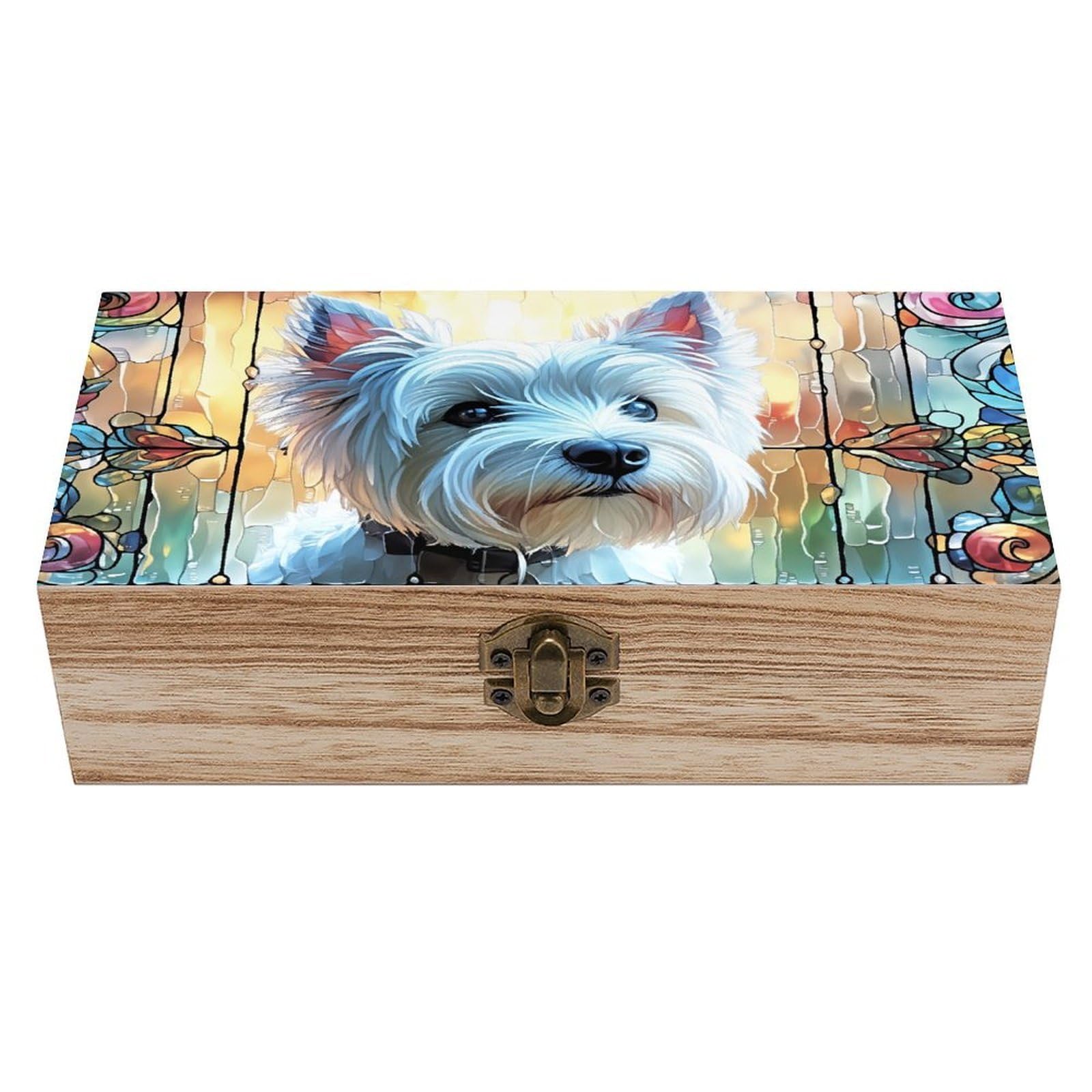 HLBSDM Stained Glass Westie Dog Vintage Wooden Keepsake Box with Hinged Lid And Locking Clasp, Decorative Storage Box for Jewelry, Trinkets And Small Accessories, Organizer for Home Or Wedding