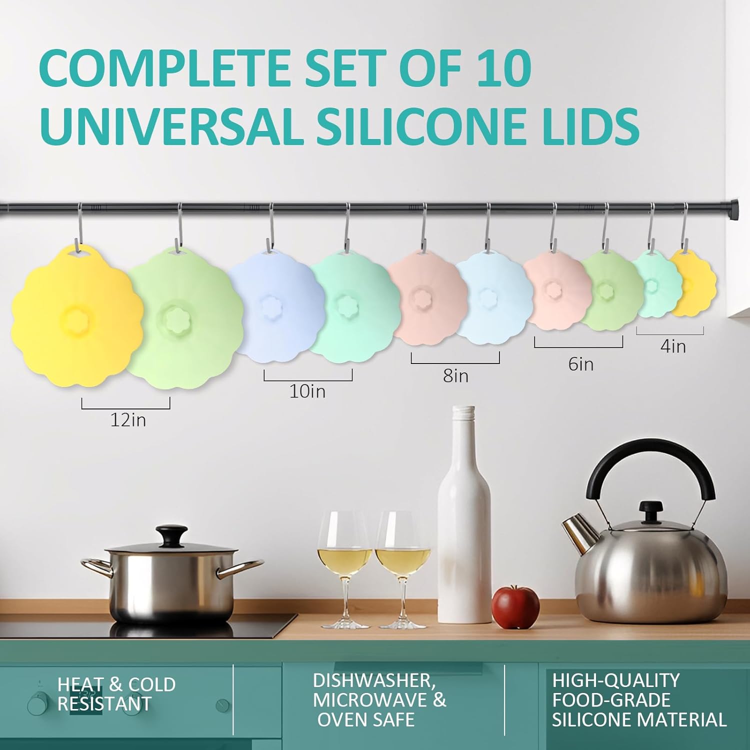 10 piece Silicone Lids, Microwave Splatter Covers Reusable, Heat-Resistant Silicone Covers for Bowls, Pots, Pans, Cups, Fridge, Microwave, Oven, BPA-Free Food Grade