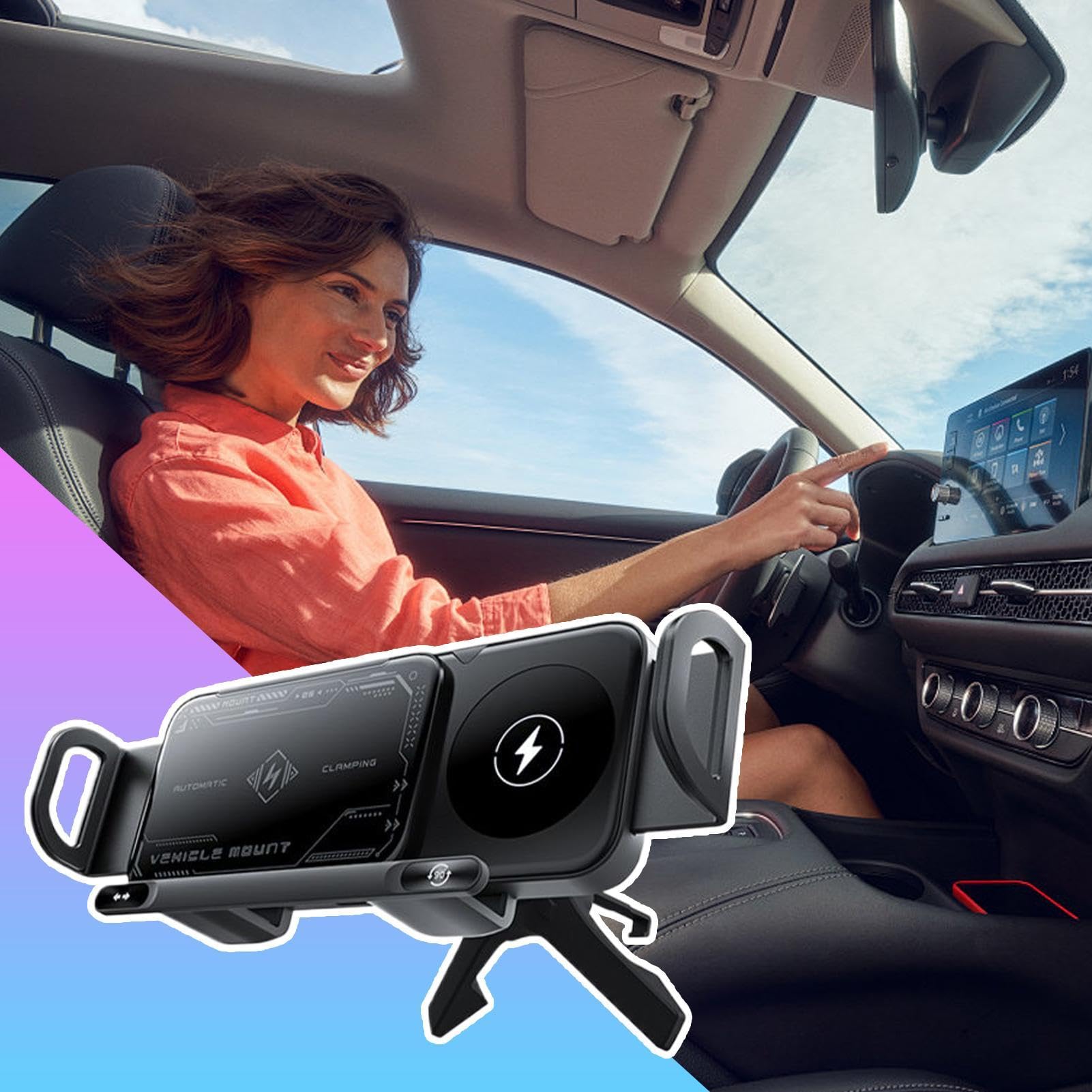 Caricatore Wireless Auto Porta Cellulare Veicolo | Dispositivo Ricarica Rapida 15W Doppia Bobina per Auto e SUV