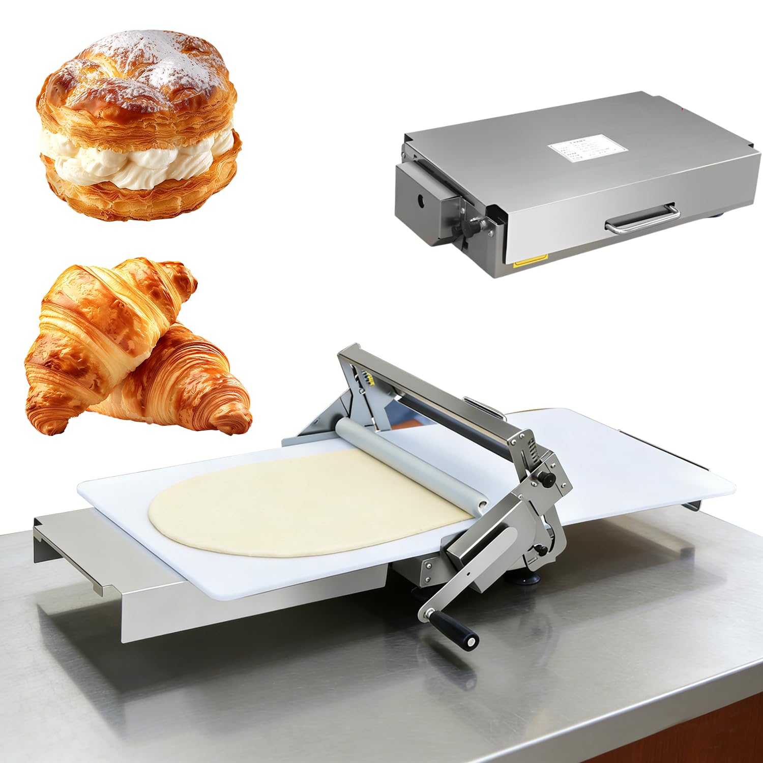 Teig ausrollen Maschine manuell Edelstahl | Gleichmäßige Teigplatten für Pizza Pasta Croissant & Kuchen | Faltbare Teigausrollmaschine aus Edelstahl für Heimgebrauch Küche & kleine Bäckereien Large