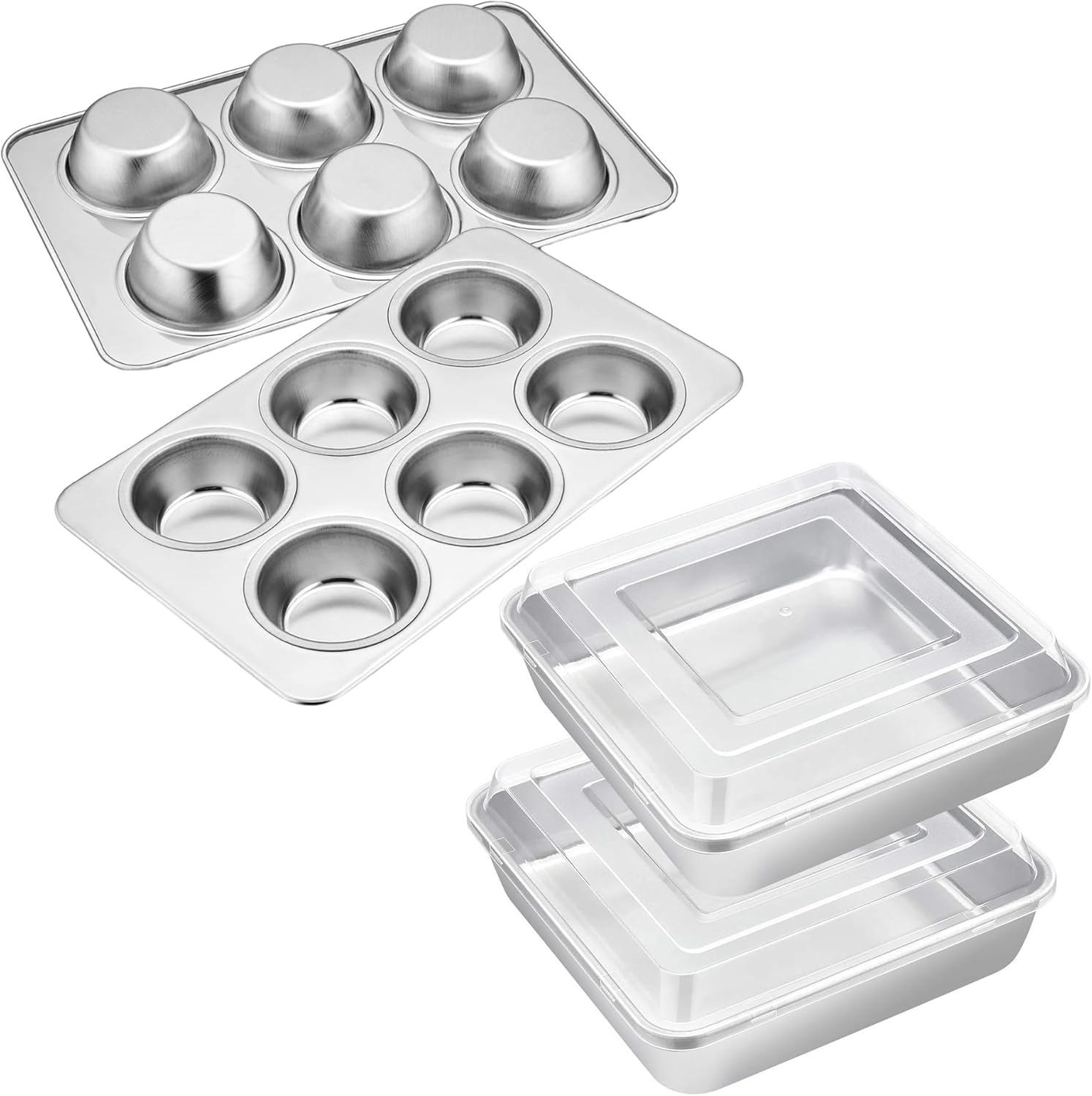 E-far Muffin Pan Set of 2 and 8 x 8-Inch Baking Pan with lid, Stainless Steel Muffin Pan Tin for Baking, 6-Cup Metal Cupcake Pan Tray, Non-toxic & Healthy, Oven & Dishwasher Safe