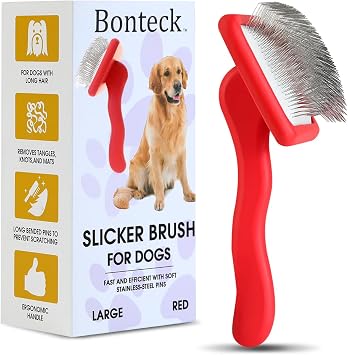 Bonteck Slicker Brush for Grooming Long-Haired Dogs like Poodles, Goldendoodles, Labradoodles - Large Size Dematting Pin Brush for Pet Hair Red