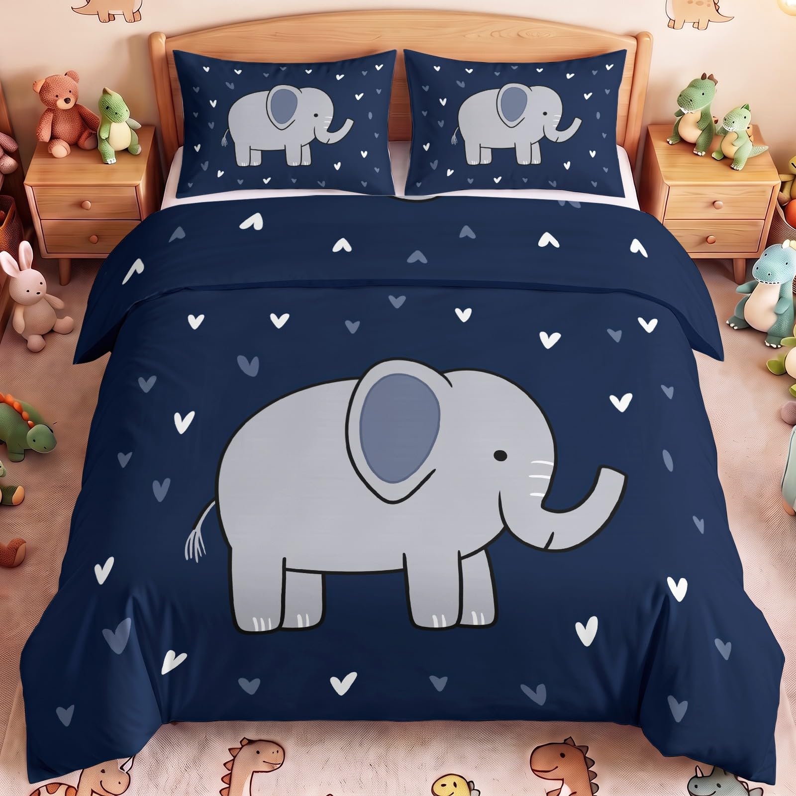 Bettwäsche 135x200 cm Kawaii minimal Elefant Herzen in Marineblau 2-teilig