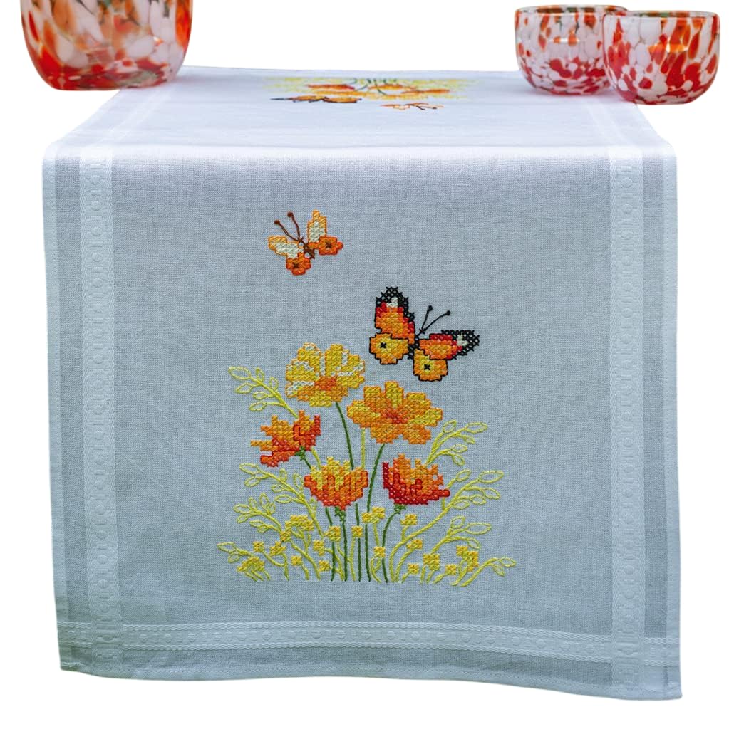 Vervaco Cross Stitch Kit Pre-Printed Table Runner Flowers and Butterflies Embroidery Blankets Pre-Drawn DIY Crafts Creative Embroidery Runner for DIY Embroidery 40 x 100 cm Embroidery Set
