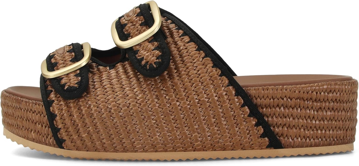 Raffia Sandals for Women Platform Slide Sandals Espadrille Adjustable Double Buckle Summer Comfortable Cute Woven Casual Beach Shoes