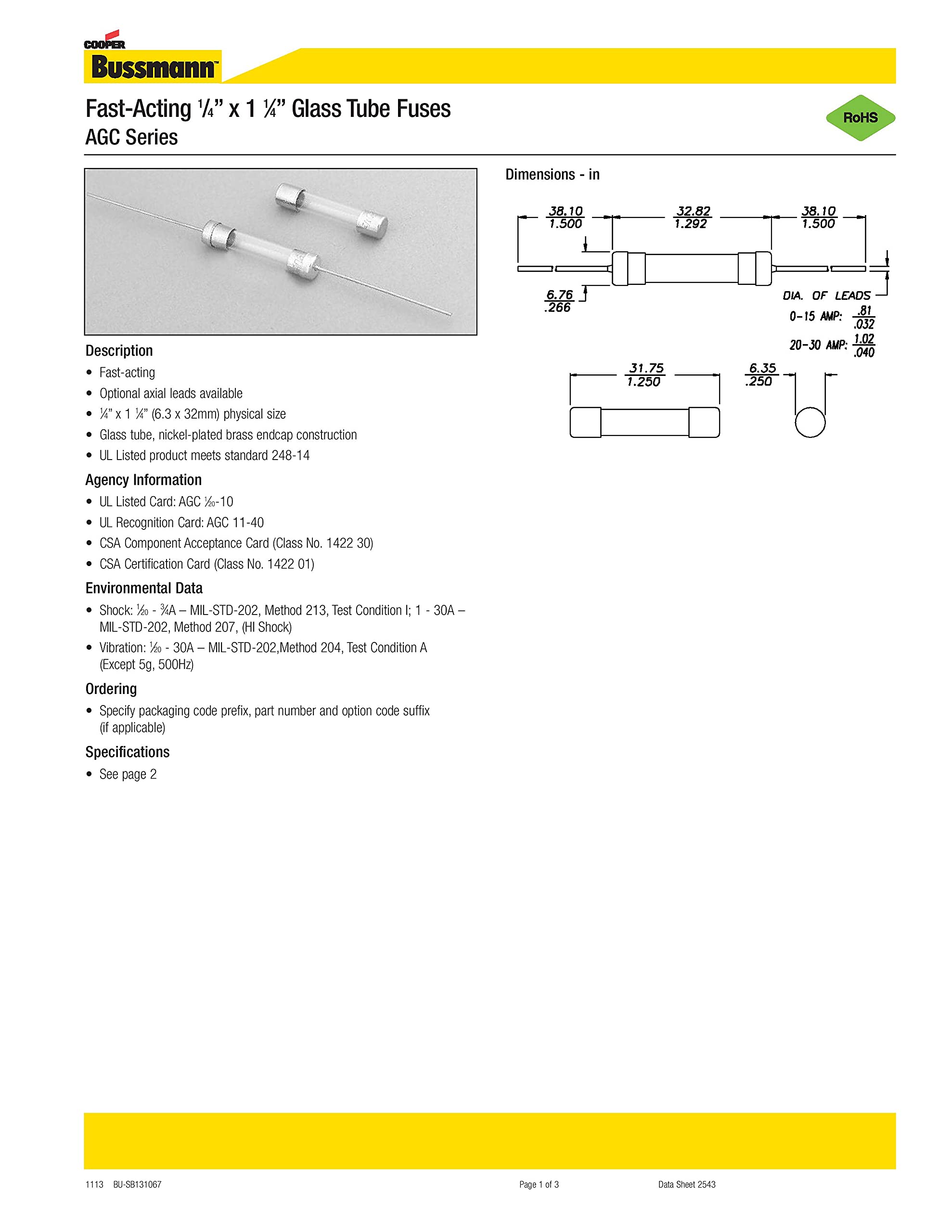 Bussmann agc-3/8 serie AGC Fuse, ad azione rapida, 3/8 Amp, 250 V, tubo di vetro, 1/10,2 cm x 1 – 1/10,2 cm (confezione da 5)