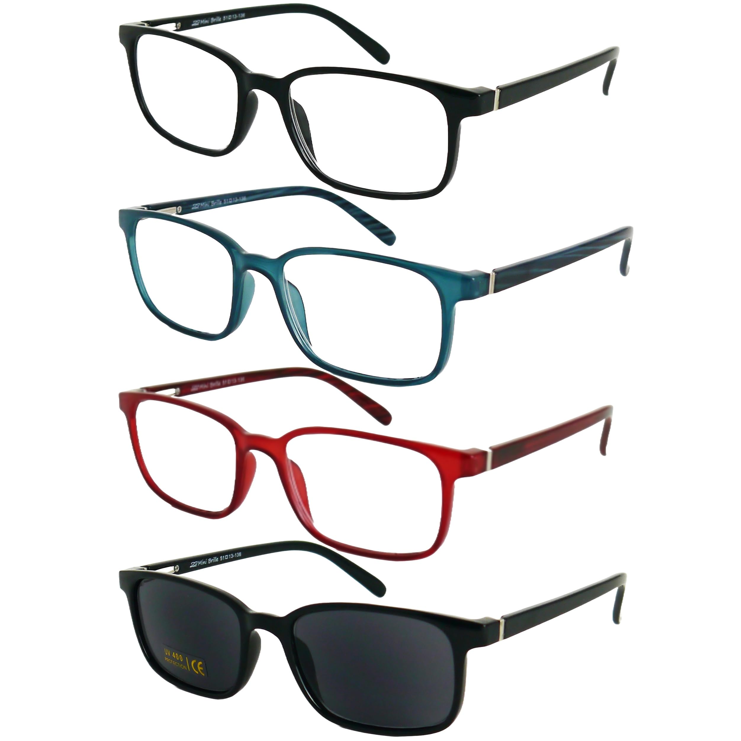 Mini Brille Pack 3 Gafas de Lectura y Gafas de Sol de Lectura con Cristales Rectangulares, Montura Cuadradas de Plástico la Bisagra de Resorte, Gafas Para Leer de Hombre y Mujer