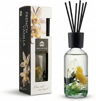 French Vanilla Reed Diffuser 250ml - Real Dried Botanicals - Long Lasting Home Fragrance for Bedroom, Living Room & Bathroom - Decorative Glass Bottle - 6 Black Reeds - UK Designed