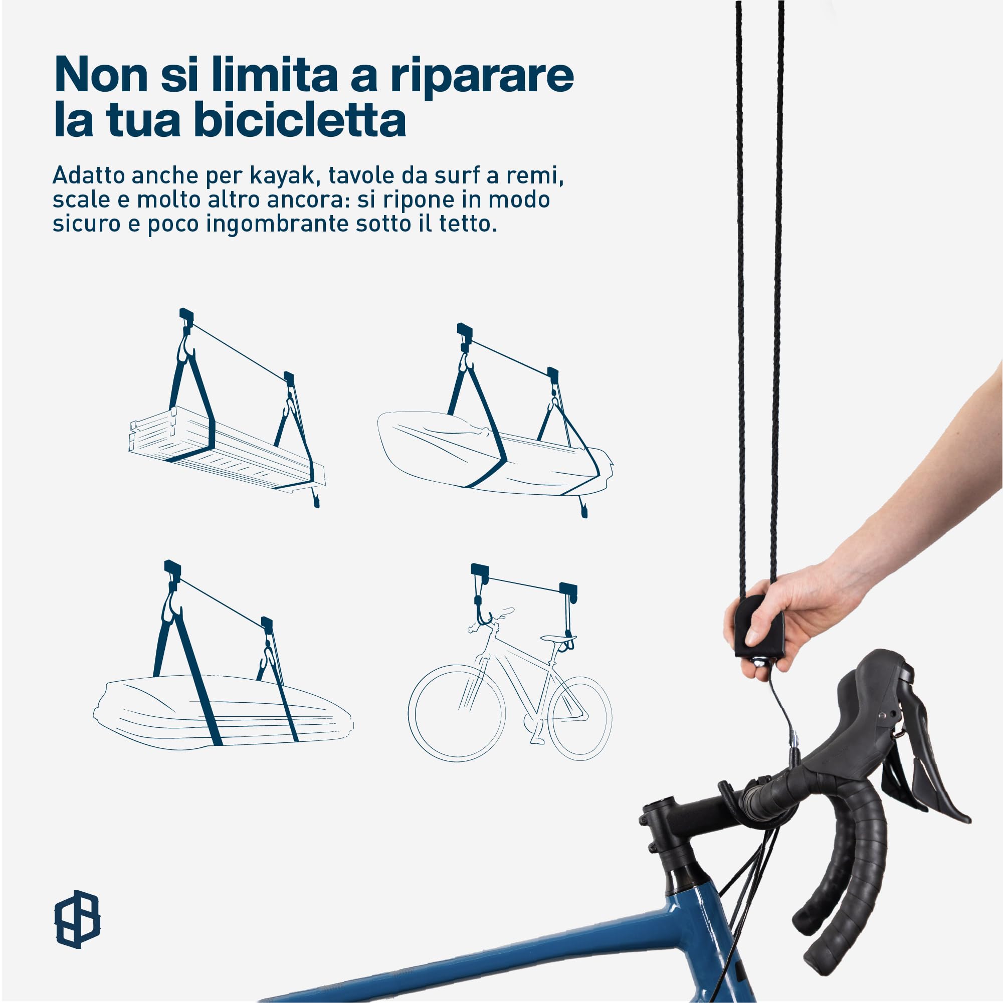 Supporto per bicicletta da soffitto per garage con puleggia | Supporto da parete per bicicletta, box da tetto, canoa ecc. | Sospensione "Louis Lift" | 70002