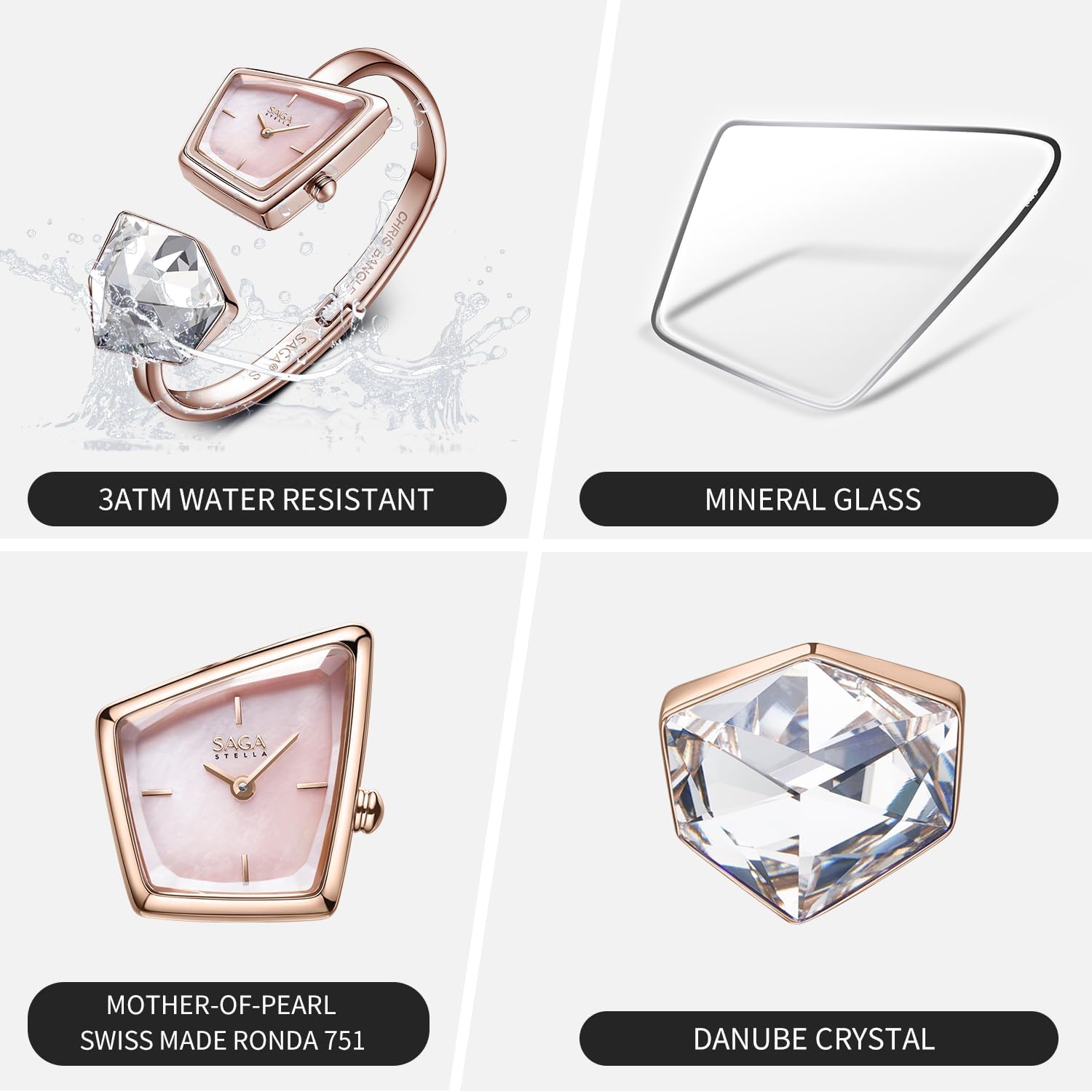 SAGA Illusion Women's Luxury Cuff Bangle Quartz Watch, Shaped Mineral Case, Swiss Ronda Quartz Movement, 30M Water Resistant, 316L Stainless Steel Bracelet with Danube Crystals - Image 3