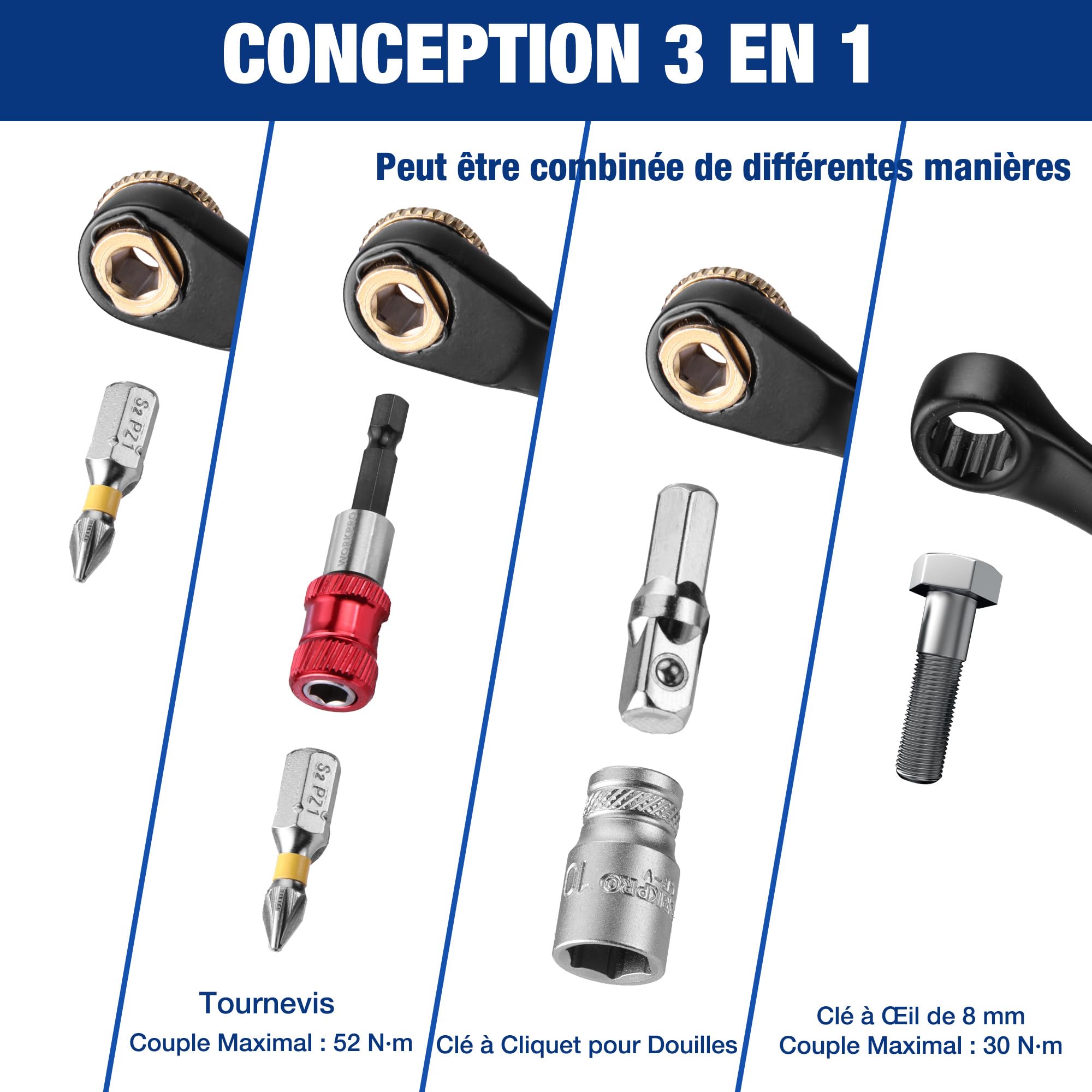 WORKPRO Coffret Douilles et Embouts 34 Pièces, Mini Clé à Cliquet 1/4" Double Tête 3-en-1, Embouts de Tournevis en Acier S2, Porte-Embout Magnétique et Adaptateur, Outils de Réparation pour Voitures