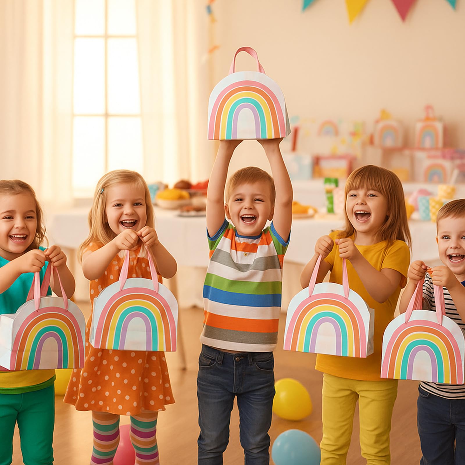 AmazingSpark 24 Pcs Rainbow Party Favor Bags 7.9 x 6.7 x 3.9 Inch Rainbow Gift Goodie Bags with Handles Colorful Treat Candy Gift Wrap for Birthday Baby Shower Wedding Party Favors Supplies