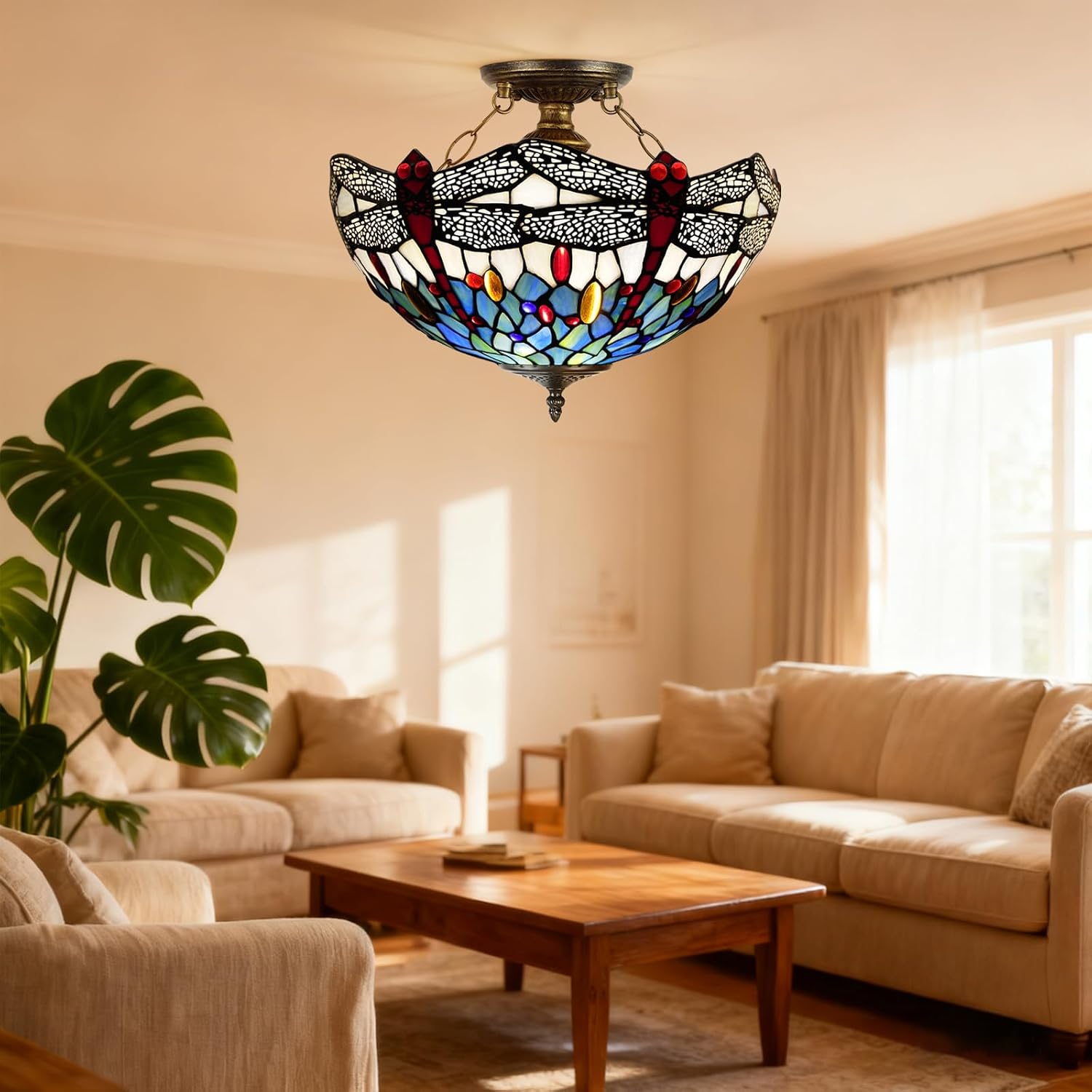 Ceiling Light Fixture Stained Glass Lamp 16X15 Inch Semi Flush Mount Lamp Chandelier for Home(Green Dragonfly Style)