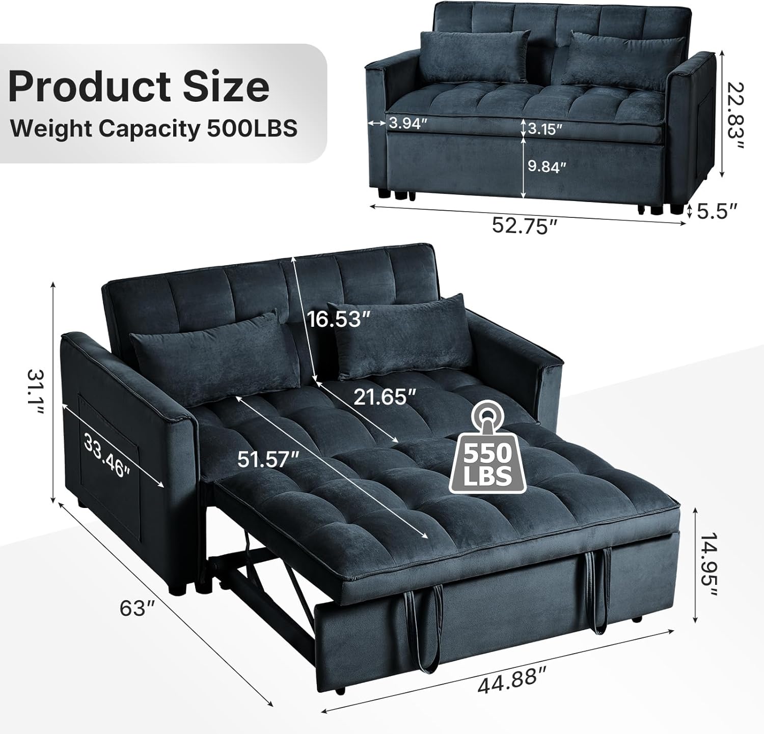 Rovibek 3 in 1 Sleeper Sofa Bed, 53'' Pull Out Couch Convertible Futon Loveseat with Adjustable Backrest, Velvet Sleeper Chaise Lounge Futon for Apartment Office Small Space, Black