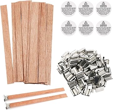 BENBO 154Pcs Wood Candle Wicks, 5.1 X 0.5 Inch Smokeless Crackling Natural Wicks with Iron Stand and Candle Warning Labels for DIY Craft (50 Sets)