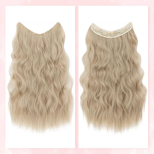 Miniatura 9 de Extensiones de cabello con alambre invisible con alambre transparente, tamaño ajustable, 4 clips de seguridad, largo, ondulado, sintético, postizo