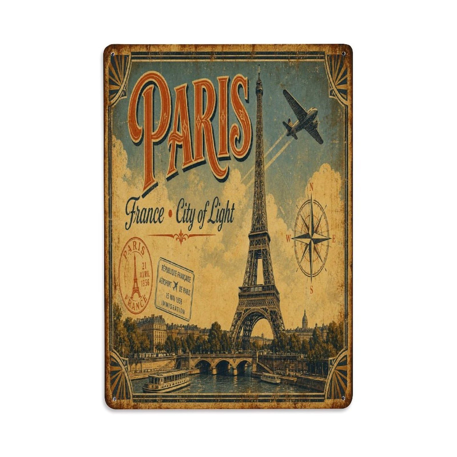 Paris Eiffel Tower France Heritage Classic Landmark Metal Tin Sign Plaque Wall Decor for Cafe, Man Cave, Club Bar, Office, Home Garden Round Metal Poster 8x12Inch