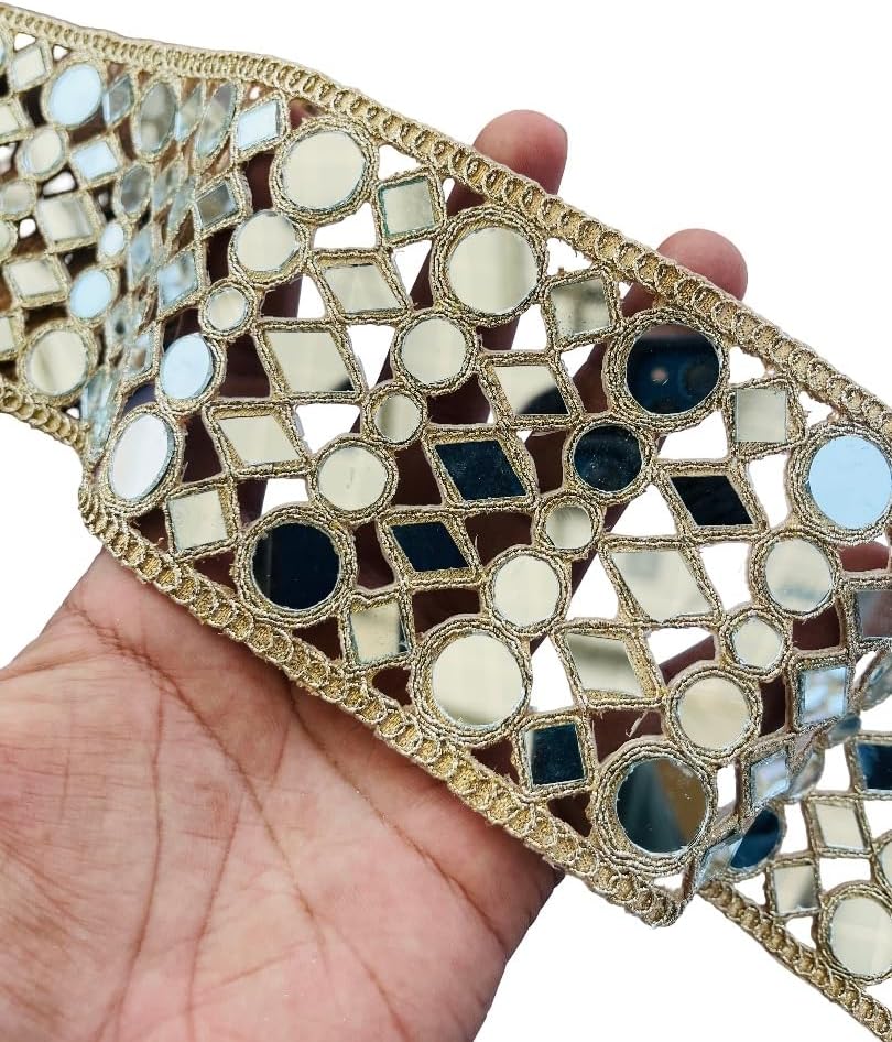 Decorative Mirror Work Lace Trim, Gold Metallic Embroidered Border, Geometric Design, 3.5 Inch Wide, Traditional Wedding Crafts Ribbon, Available in 1, 3 and 6 Yard (6)