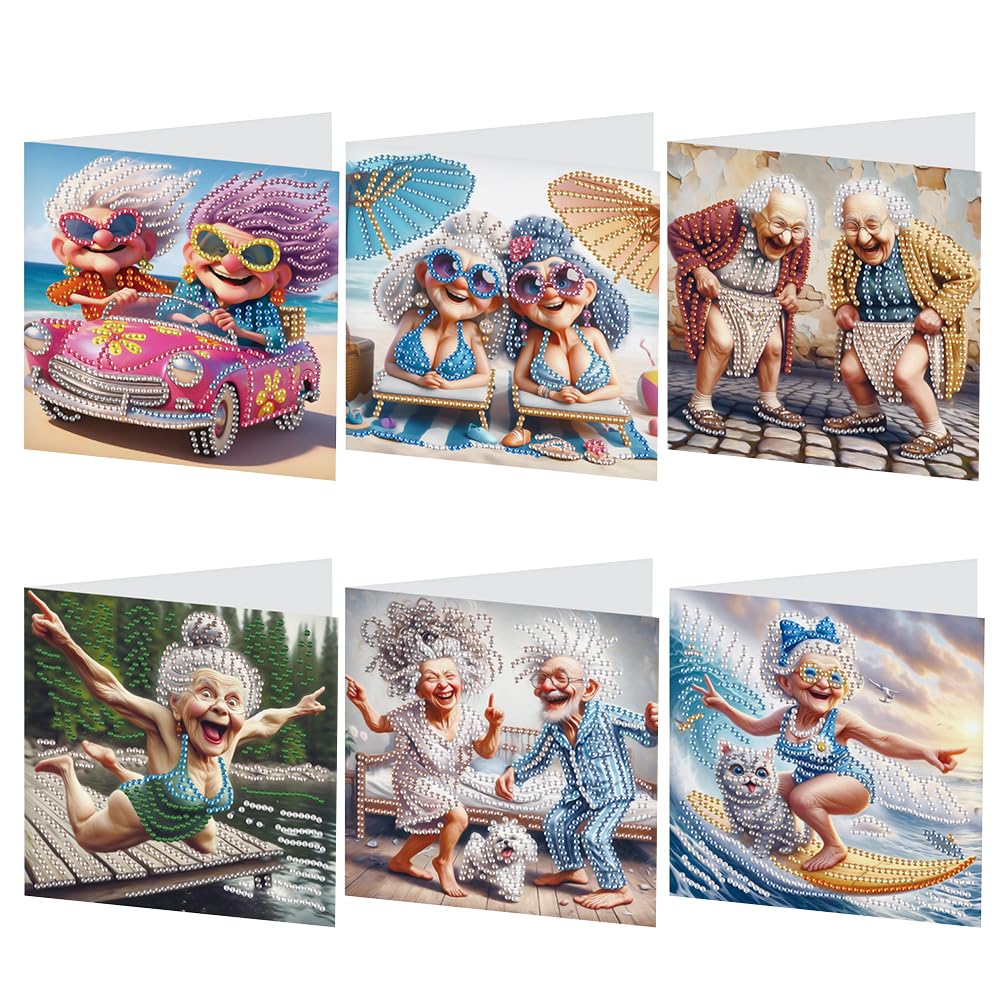 6 Pcs 5D DIY Diamond Painting Greeting Cards with Envelopes, Round Drill Crystal Craft Cards, Handmade Gift Rhinestone Painting Card for Birthday Christmas Family Friend-Cute Old Lady-10