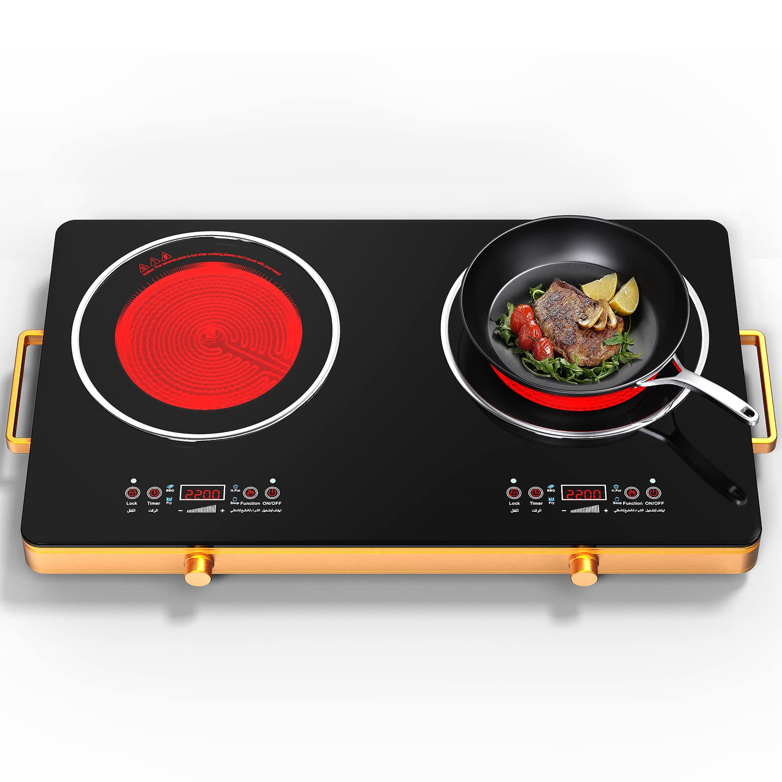 QTYANCY Infrared Cooker, 11 Temperature & 11 Power Levels Choice Electric Cooktop, 4400W LED Touch Ceramic Tempered Glass Surfacel, 8 Hour Timer & Kids Safety Lock (Golden)