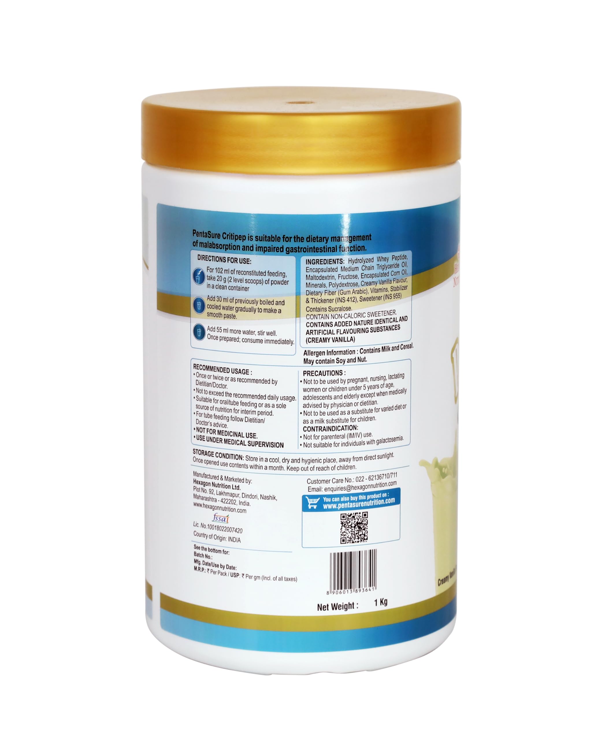 PentaSure Critipep Peptide Diet Powder | Creamy Vanilla Flavor - 1Kg | 100% Whey Peptide, MCT, Fructose Based Nutritional Supplement Drink | 34 Vital Nutrients | 20g Protein per 100g — Amazon image 3