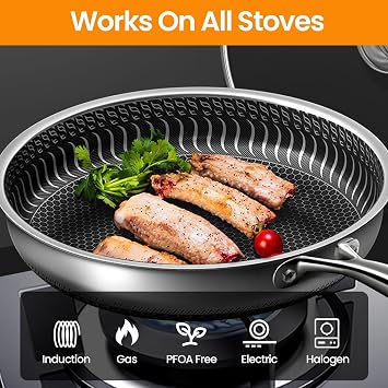 Stainless Steel Frying Pan with Lid, 26CM Non Stick Egg/Omelette Pan | Hybrid Skillet for Induction Hob, Chemical-Free Cookware Saute Pan for Electric Gas Ceremic Hob, Dishwasher Safe