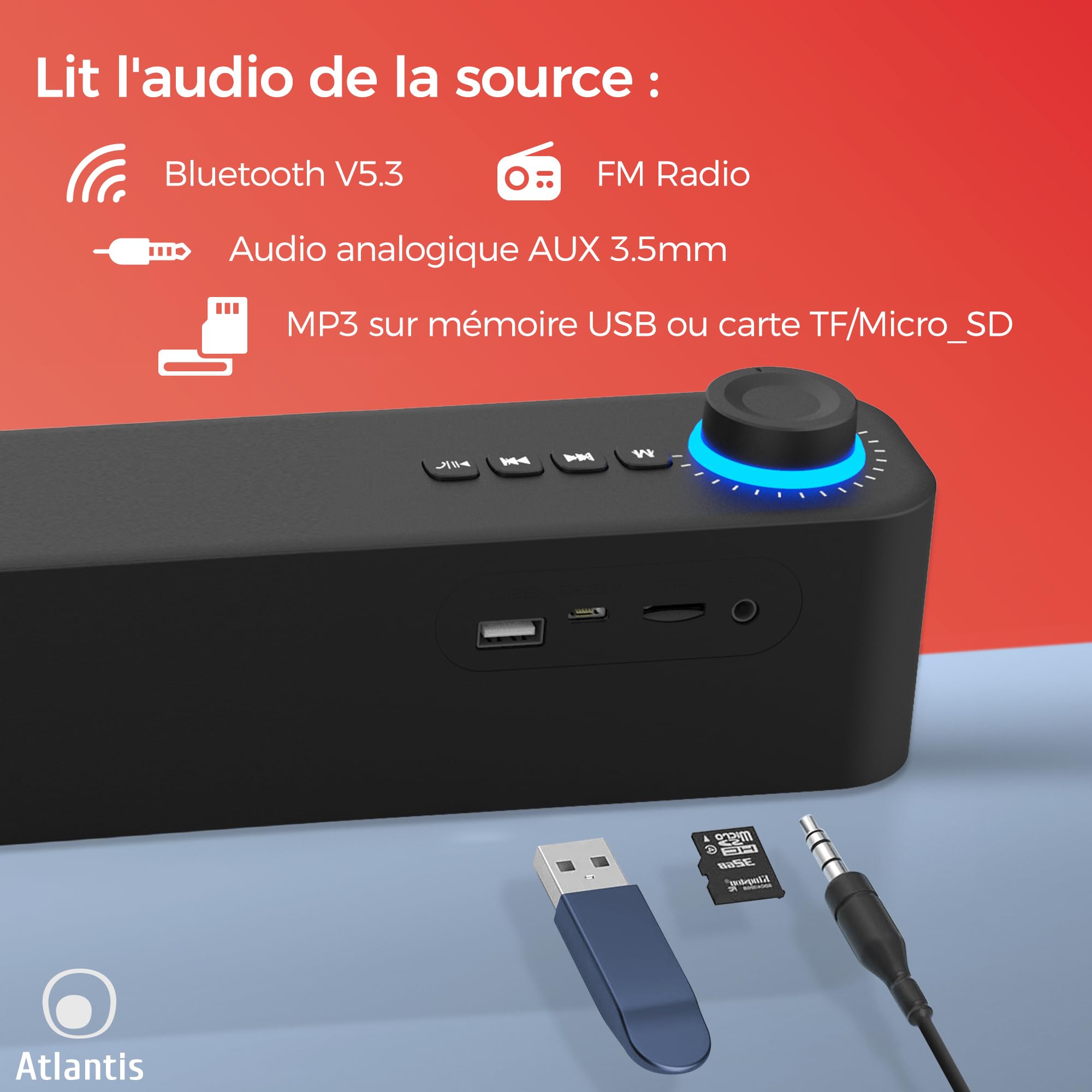ATLANTIS Soundbar PC 20 W Bluetooth 5.3 Radio FM Noir 420 x 60 x 74 mm