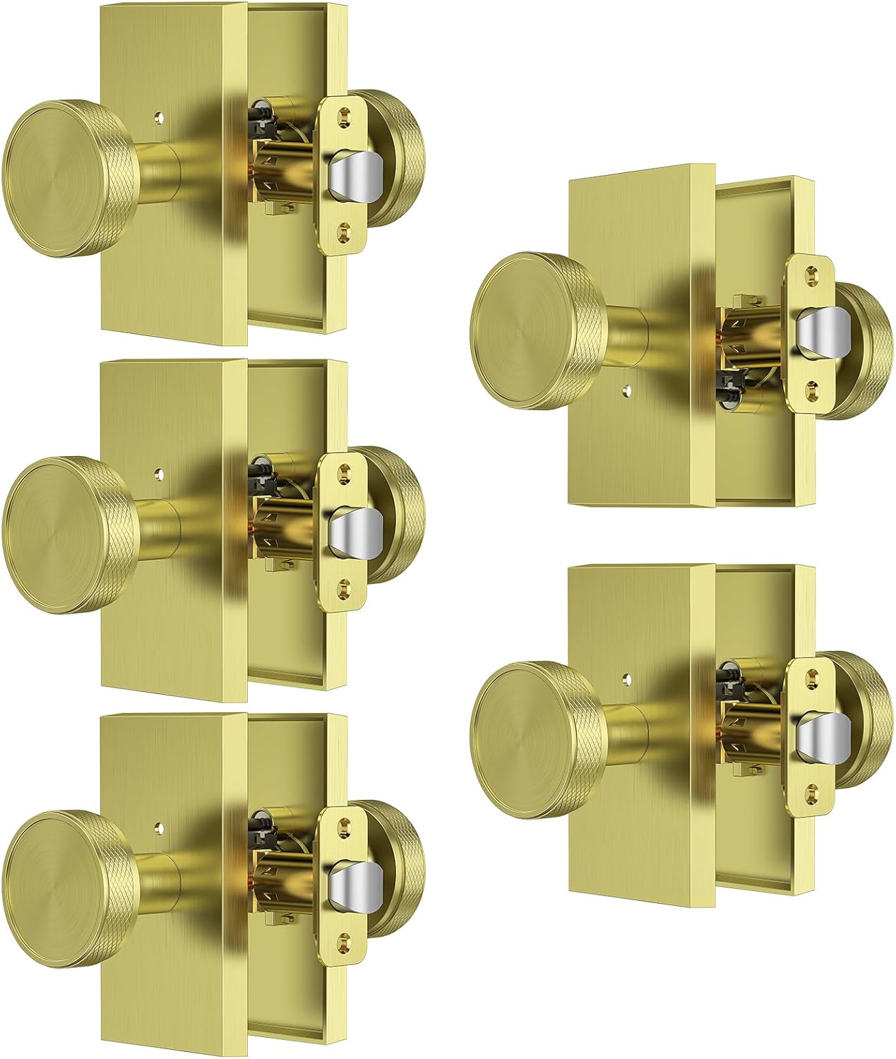 Zinc Alloy Heavy Duty Privacy Gold Door Knobs, 5 Pack Anti-Slip Modern Door Knobs Interior Rectangle, Door Knob with Lock for Bedroom, Bathroom