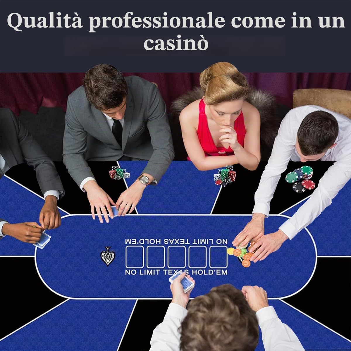 Tappetino da poker professionale, 180 x 90 cm, 8 giocatori, in gomma, portatile, Texas Hold'em, con borsa per il trasporto, per giocare a carte, giochi di poker, blackjack, casinò