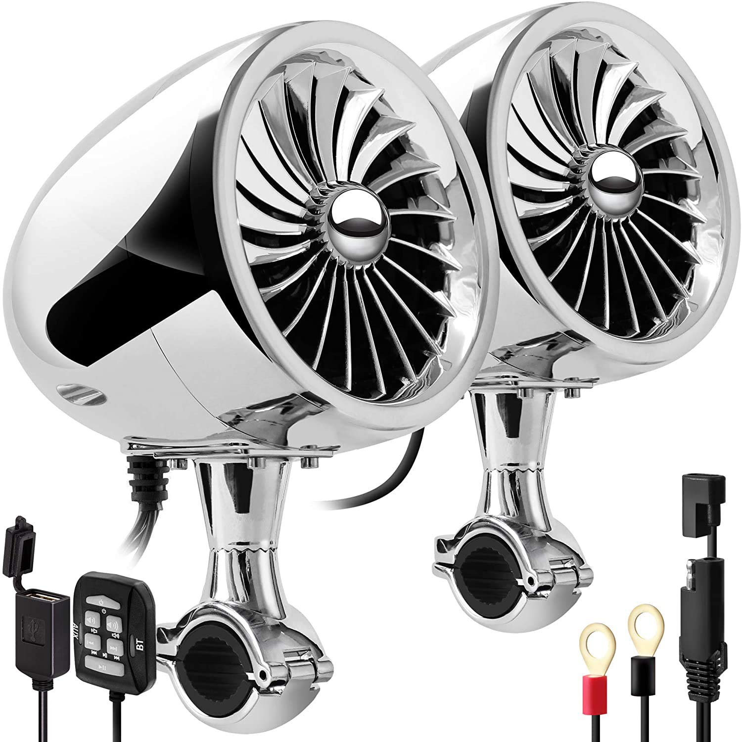 SPK350X 4 pollici Full Range Impermeabile Moto Altoparlanti stereo Bluetooth Amplificatore per Motociclo Sistema audio per ATV RZR UTV (Cromo,Ventilatore)