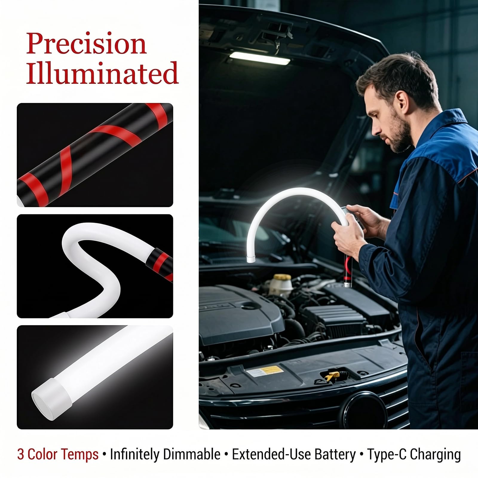 HENGBIRD Lampada da Lavoro LED Flessibile Barra Luminosa LED Lampada Officina e Lampada Auto - Torcia Meccanico Ricaricabile Type-C 74,5 cm 300 Lumen 3 Livelli per Garage e Casa