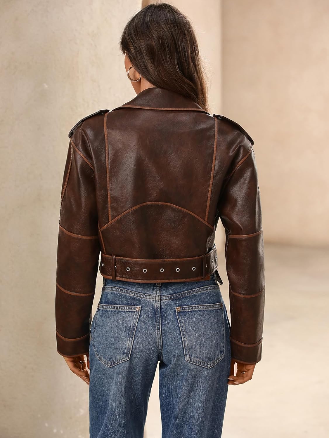 LY VAREY LIN Women Faux Leather Cropped Jacket Lapel Zipper Biker Bomber Coat with Belt