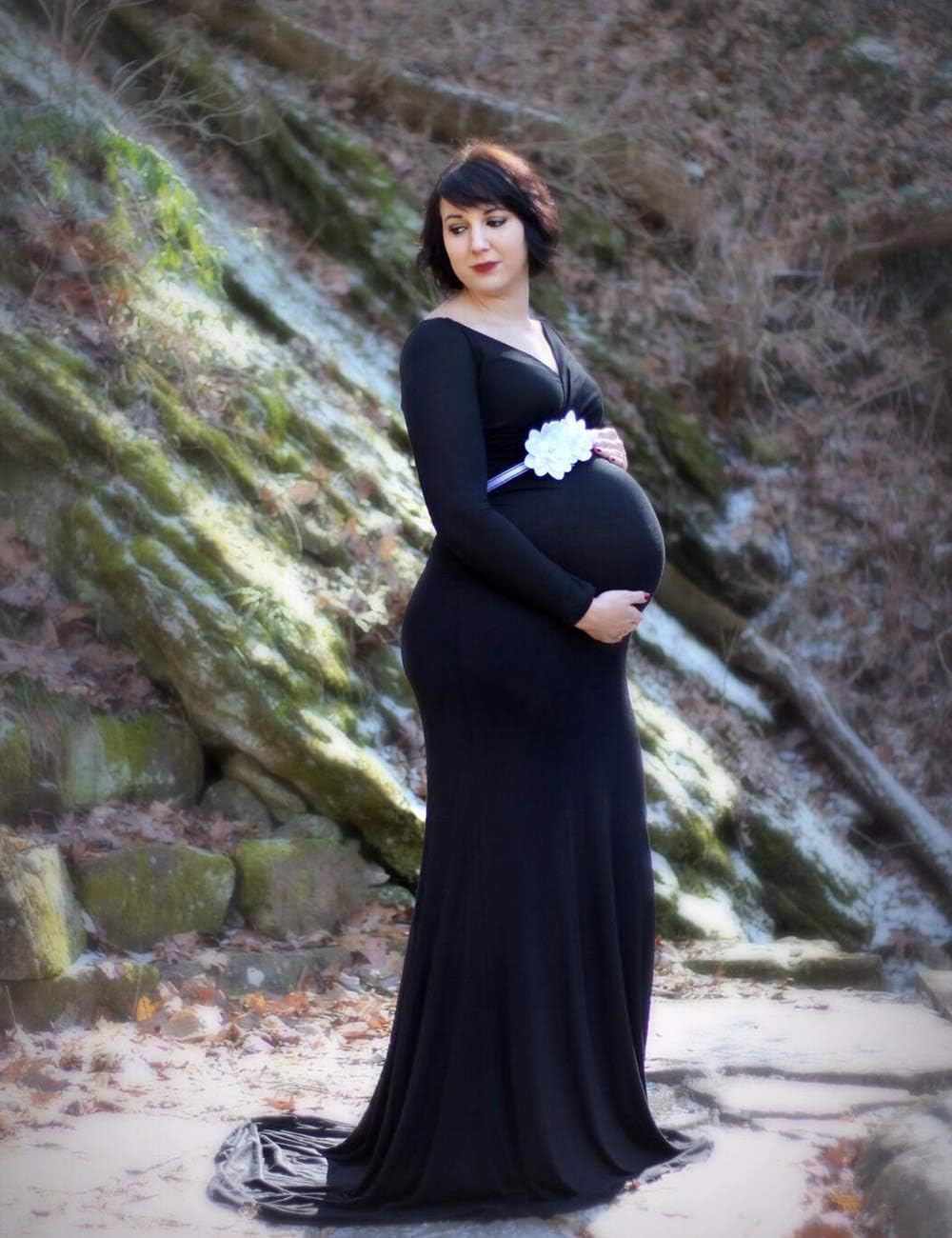 JustVH Maternity Elegant Fitted Maternity Gown Long Sleeve Cross-Front V Neck Slim Fit Maxi Photography Dress for Photoshoot - Image 6