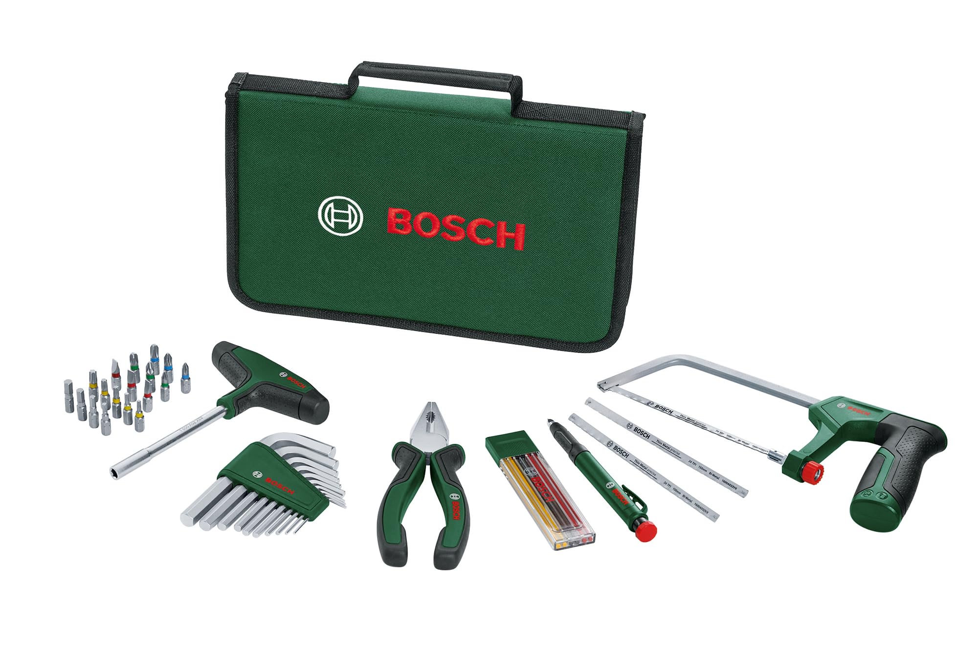 Bosch 41-tlg. Adventskalender 2025 (Set mit Bügelsäge, Bit-Schraubendreher mit T-Griff, Schraubendreherbits, Aufbewahrungstasche, Zubehör Handwerkzeug)