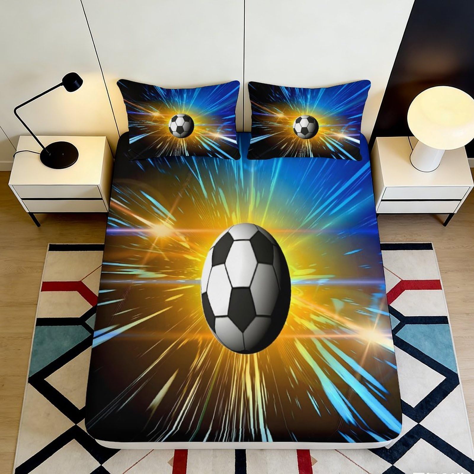3D Printed Soccer Explosion Fitted Sheet Microfiber Soft Breathable Football Burst Mattress Cover for Bedroom Guest Room Decor 90x200x25cm