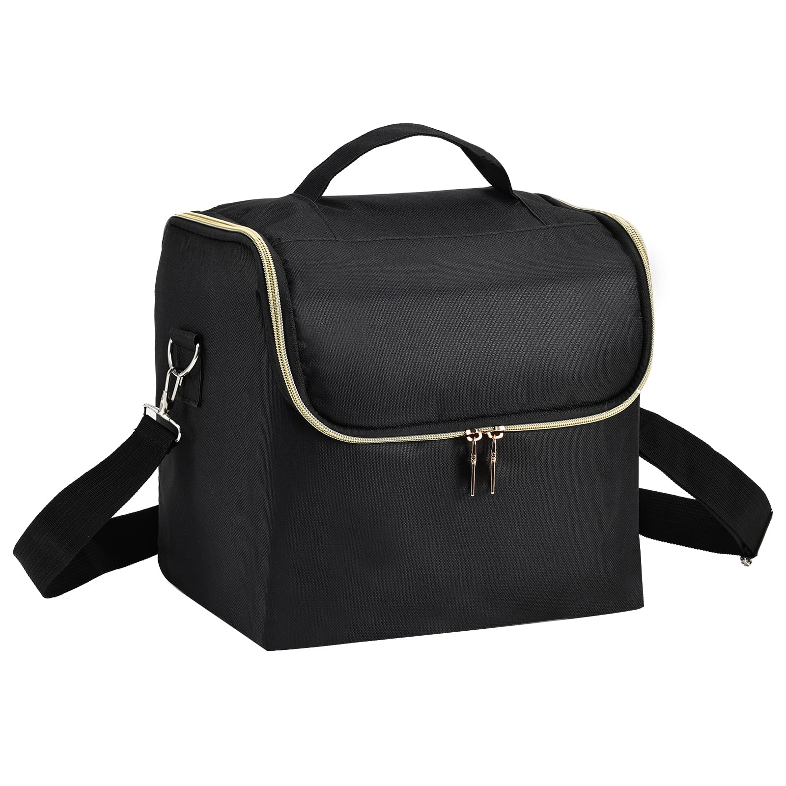 BOODEQPDIY Vanity Box 4 Trays Makeup Case Make Up Organiser Bag Cosmetic Storage Box Beauty Organiser Case with Removable Shoulder Strap, Black & Gold