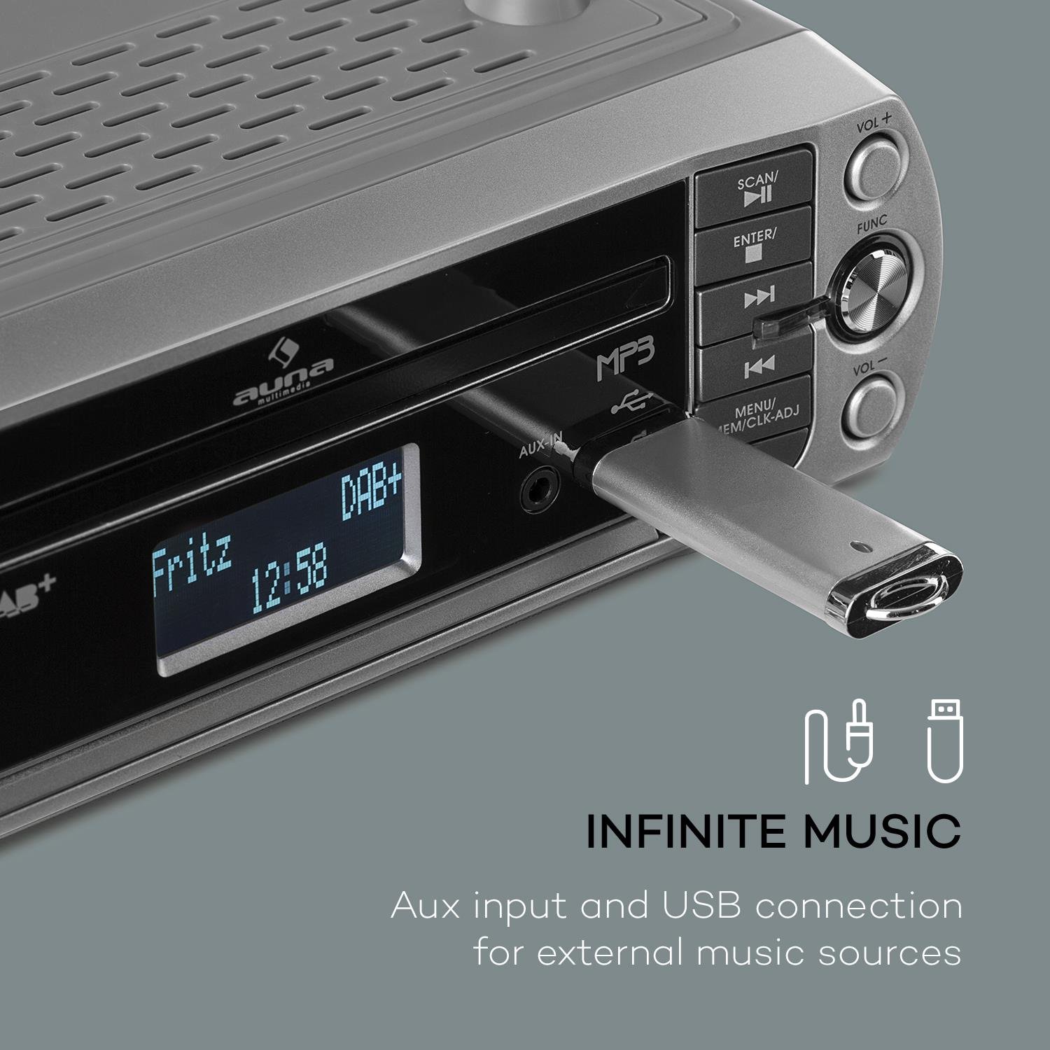 AUNA KR-400 CD - Radio da Cucina, Sottopensile, DAB+/PLL, FM, CD/MP3, Bluetooth, AUX, USB, 40 Stazioni Memorizzabili, Sveglia, Telecomando, Argento