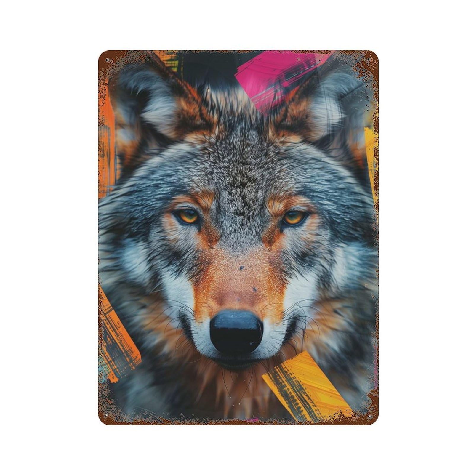 Aged Metal Wall Plaque with Wolf Portrait with Abstract Strokes Design 15.7"x11.8", for Basement, Hobby Room And Garage Decor, Farmhouse Wall Decor
