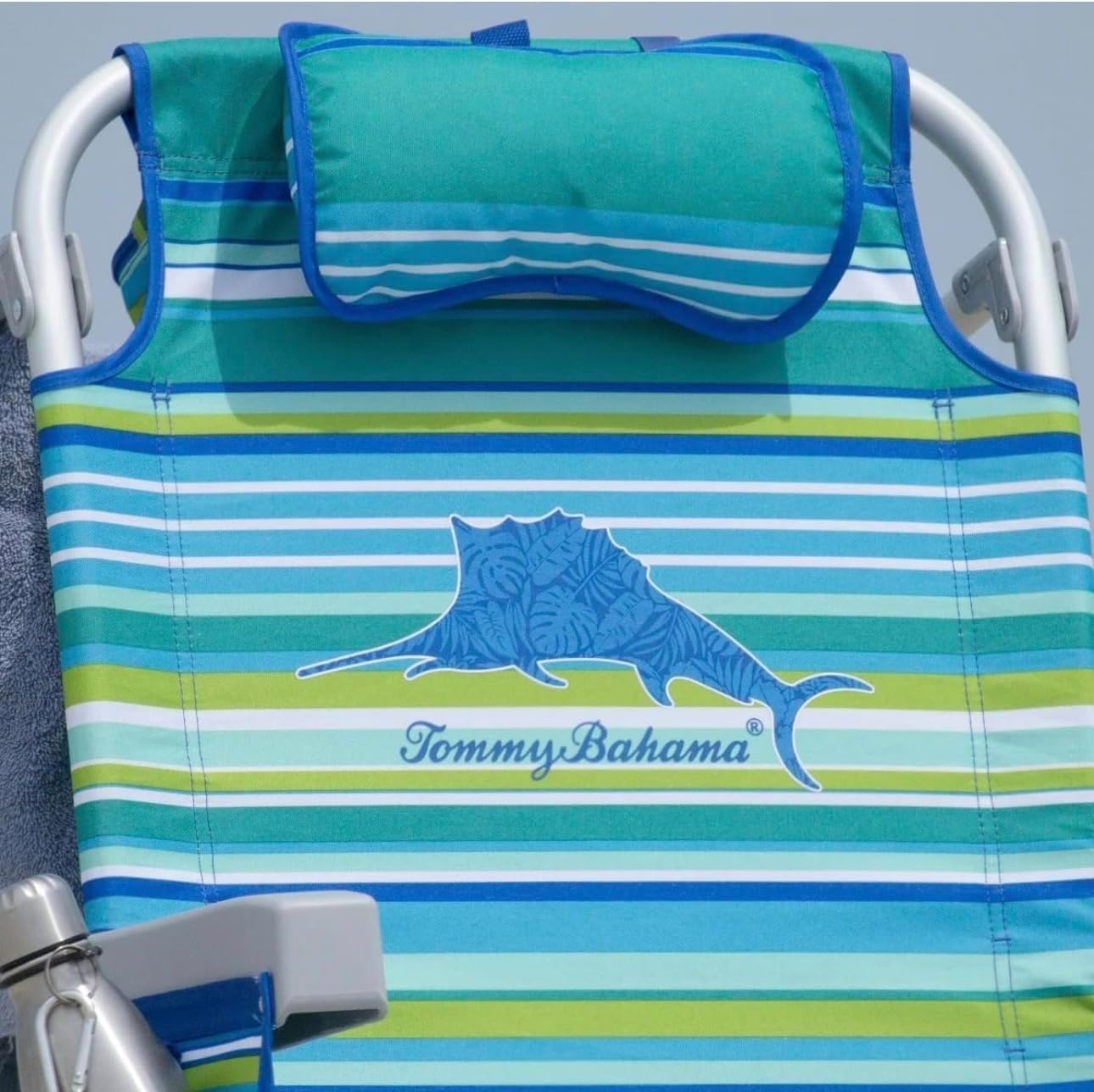 Tommy Bahama 5 Position Beach Chair, Towel Bar, Pillow for Extra Comfort, Heavy-Duty Weight Capacity,Safety Locking Hinges on Rear Legs, 2-Pack (Aqua Stripes)