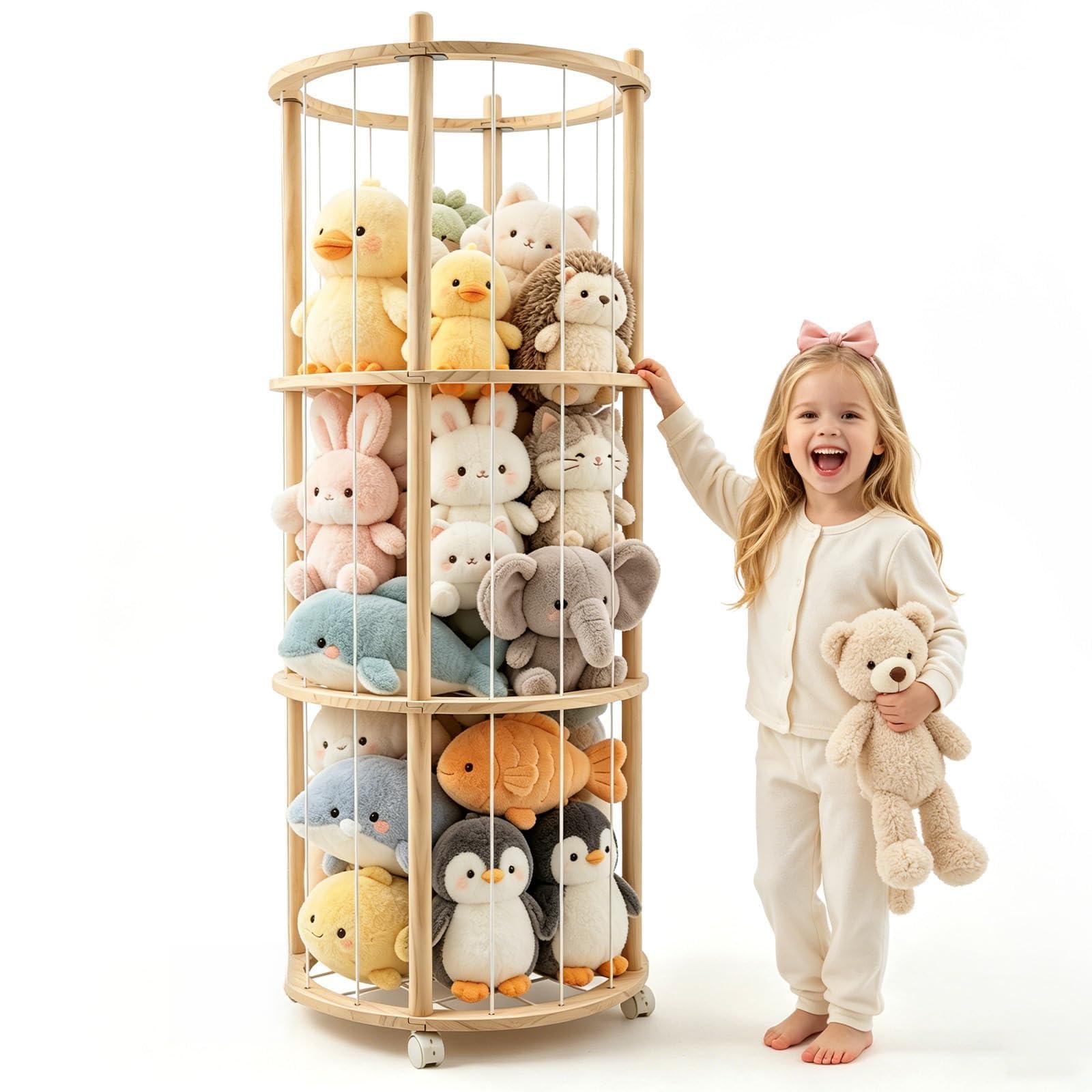 Holz Kuscheltier Aufbewahrung, Stofftier Aufbewahrung Mit 360°Bremse-Ausgestattete Räder, Gummibändern, Raumsparende Plüschtier Spielzeug Organizer für Spielzimmer & Schlafzimmer(Runden)