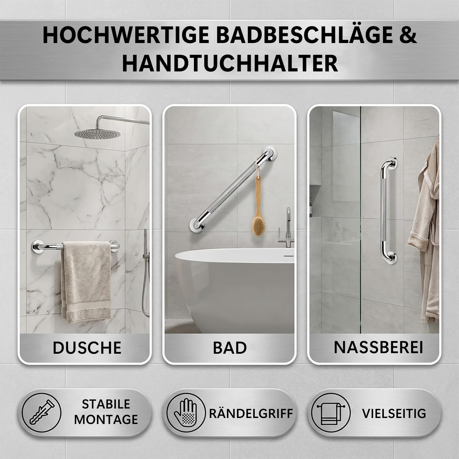 Haltegriff Bad 2er Set, 40 cm Badezimmer Handlauf aus Edelstahl 304 mit gerändelter Griffzone für rutschfesten Halt, Wandgriff für Dusche, Badewanne & WC, inkl. Montagematerial
