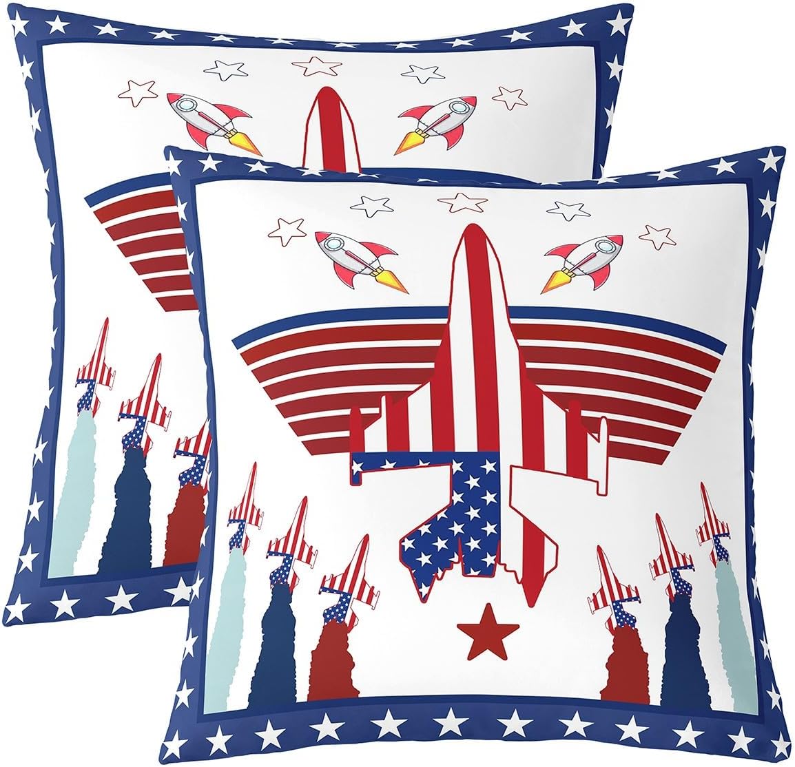 American Flag Pillow Case Cover Soft Square 22"x 22",Airplane Flying Plane Pillow Cover Reversible Print,Aircraft Decorative Throw Pillow Cover,Pack of 2