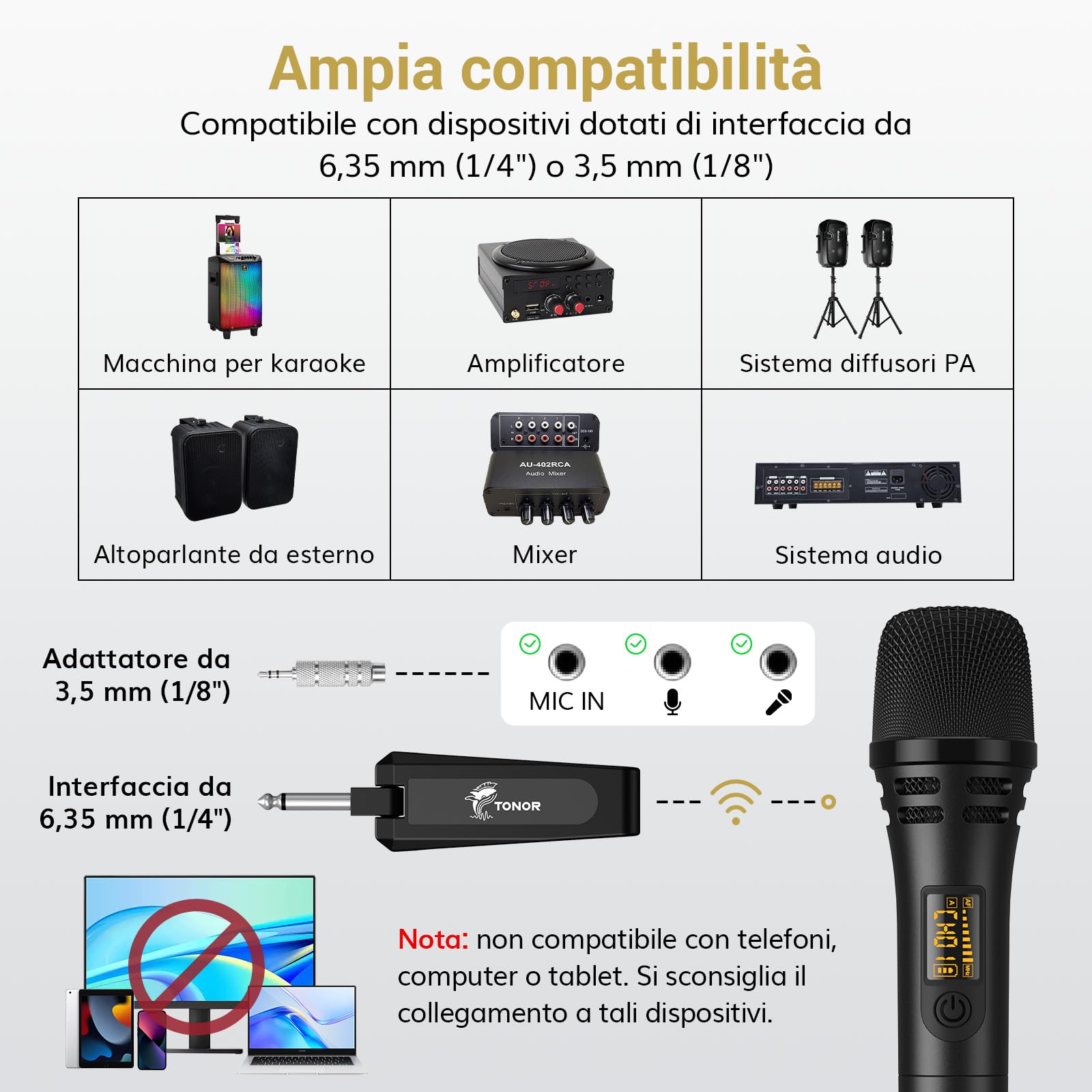 TONOR Microfono Karaoke Wireless, Microfono Vocale Dinamico Professionale UHF con Ricevitore Ricaricabile per Karaoke/Discorsi/Matrimoni/DJ/Spettacoli/Aule/Conferenze, Portata 60M, Nero, TW310