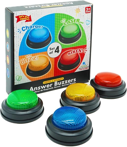 Gelabur Set of 4 Buzzers for Trivia Games, Answer Buzzers for Classroom, Family Feud Jeopardy Buzzer, Game Buzzers with 